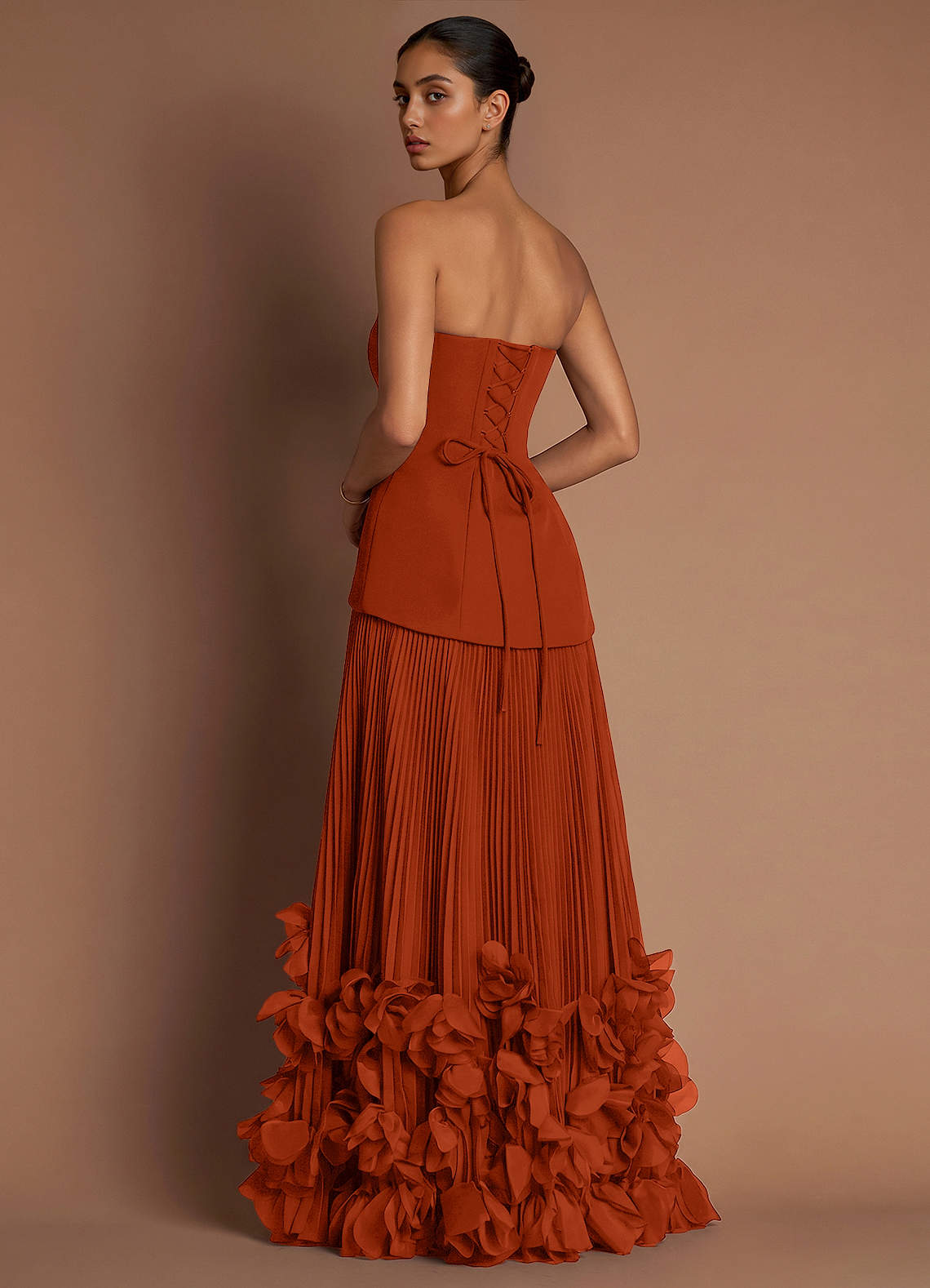 Marnie A-Line Corset Crepe Chiffon Evening Dress in Paprika