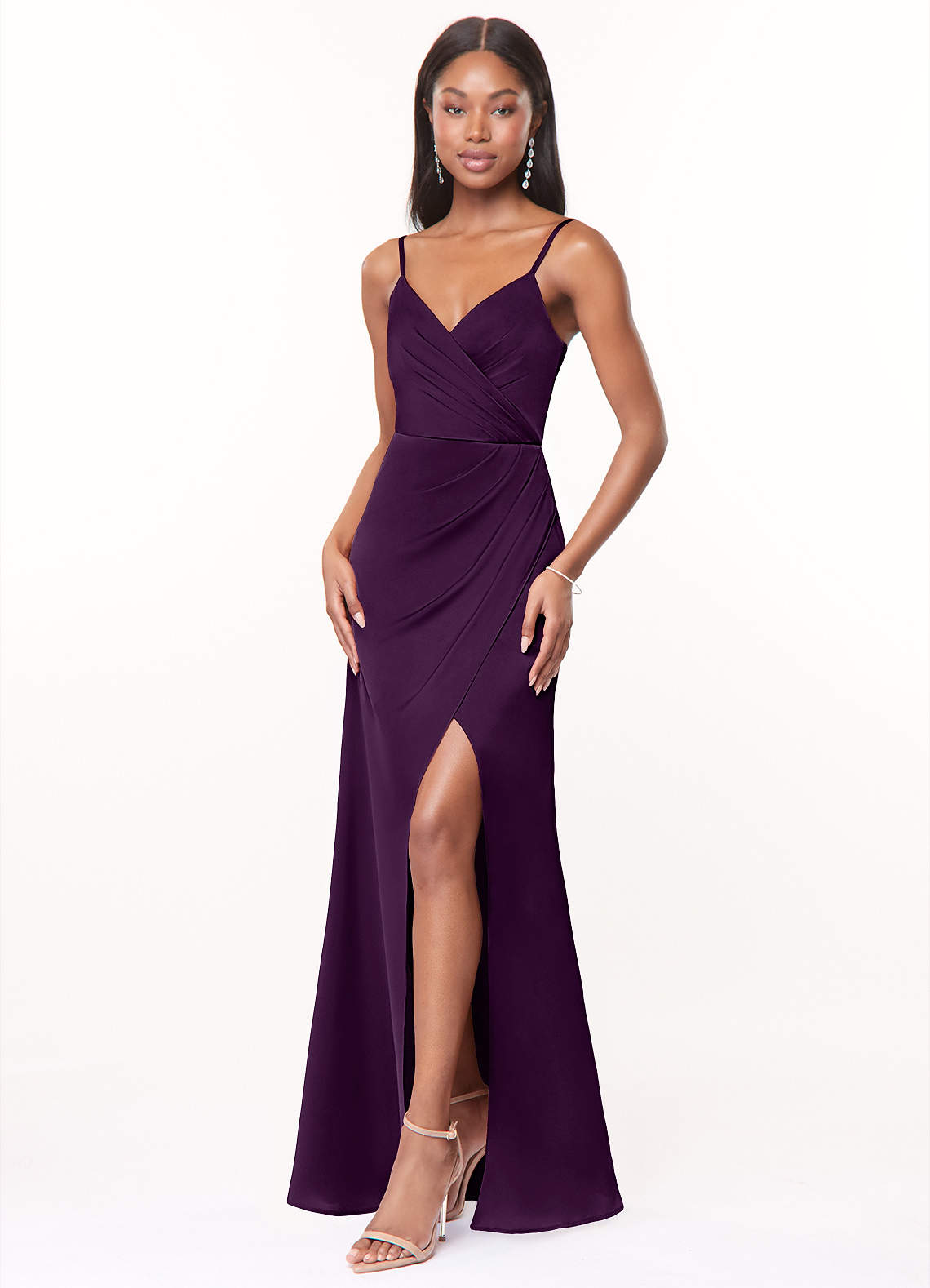 Maci A-Line V-Neck Stretch Satin Bridesmaid Dress in Grape