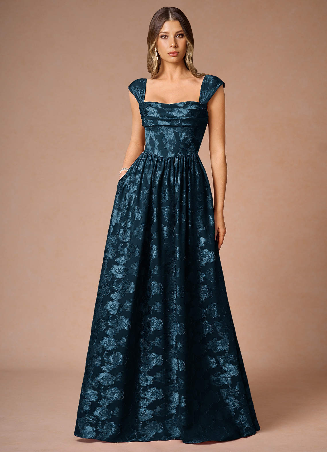 Hazel A-Line Cowl-Neck Fil Coupé Wedding Guest Dress in Navy