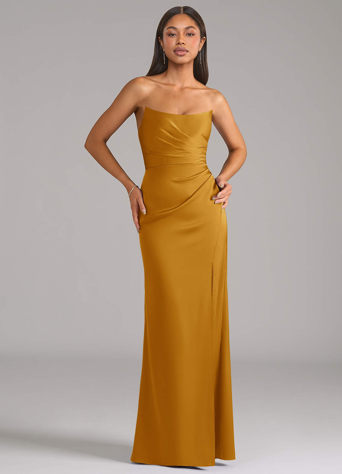 Marla Sheath Strapless Stretch Satin Bridesmaid Dress in butterscotch