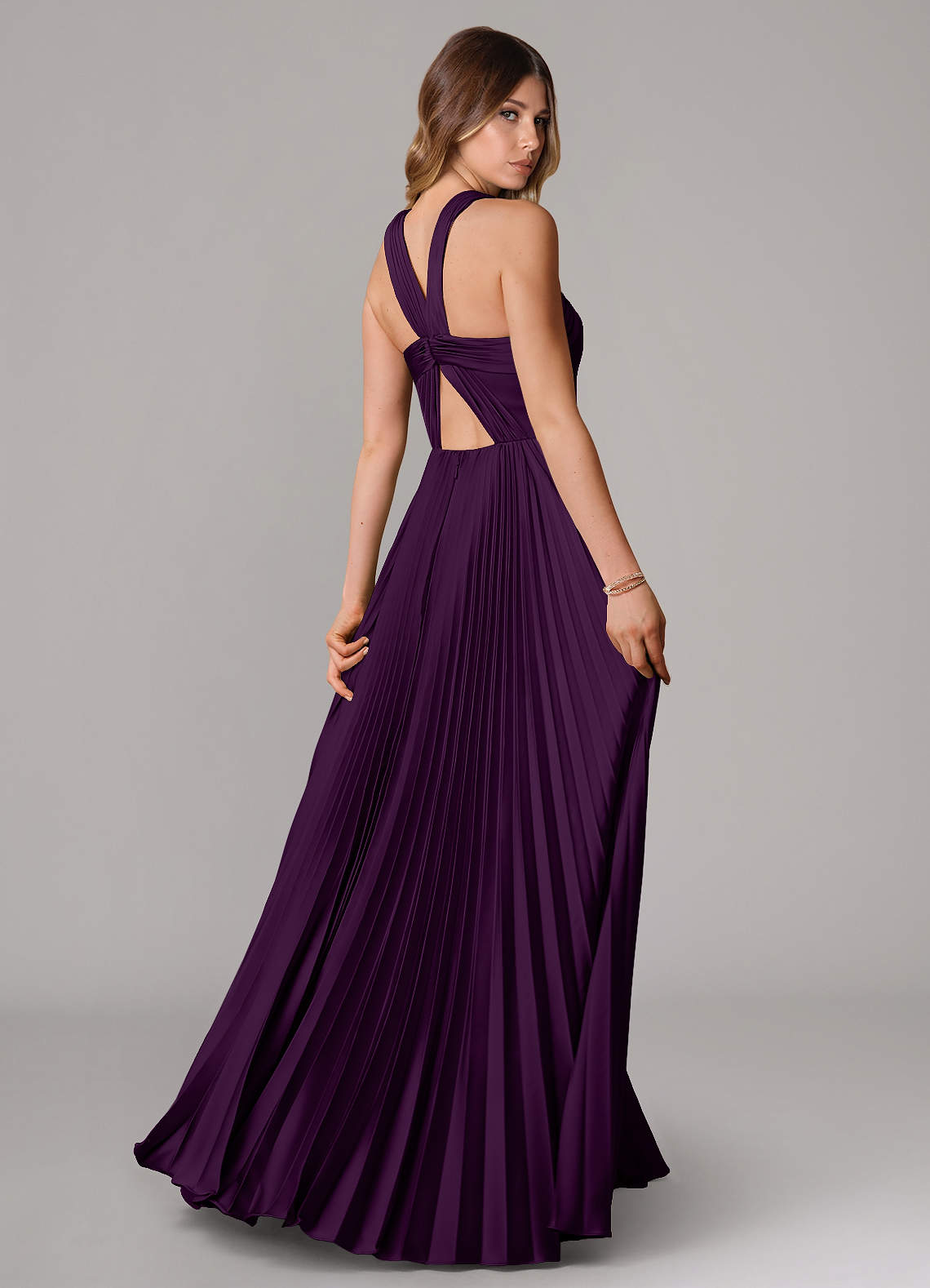 Afra A-Line Halter-Neck Stretch Satin Bridesmaid Dress in Grape