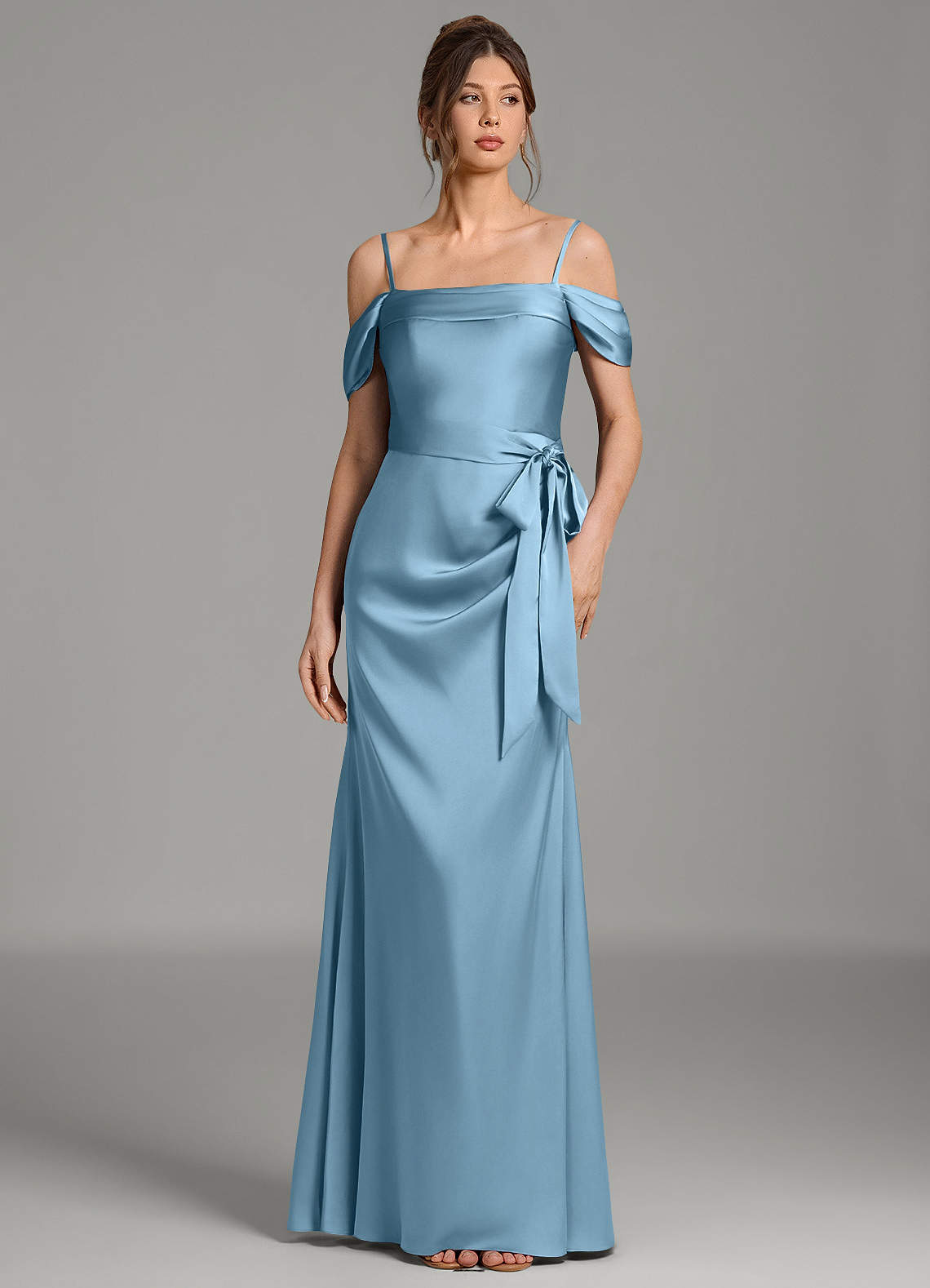 Wyatt Mermaid Off-the-Shoulder Stretch Satin Bridesmaid Dress in Steel Blue