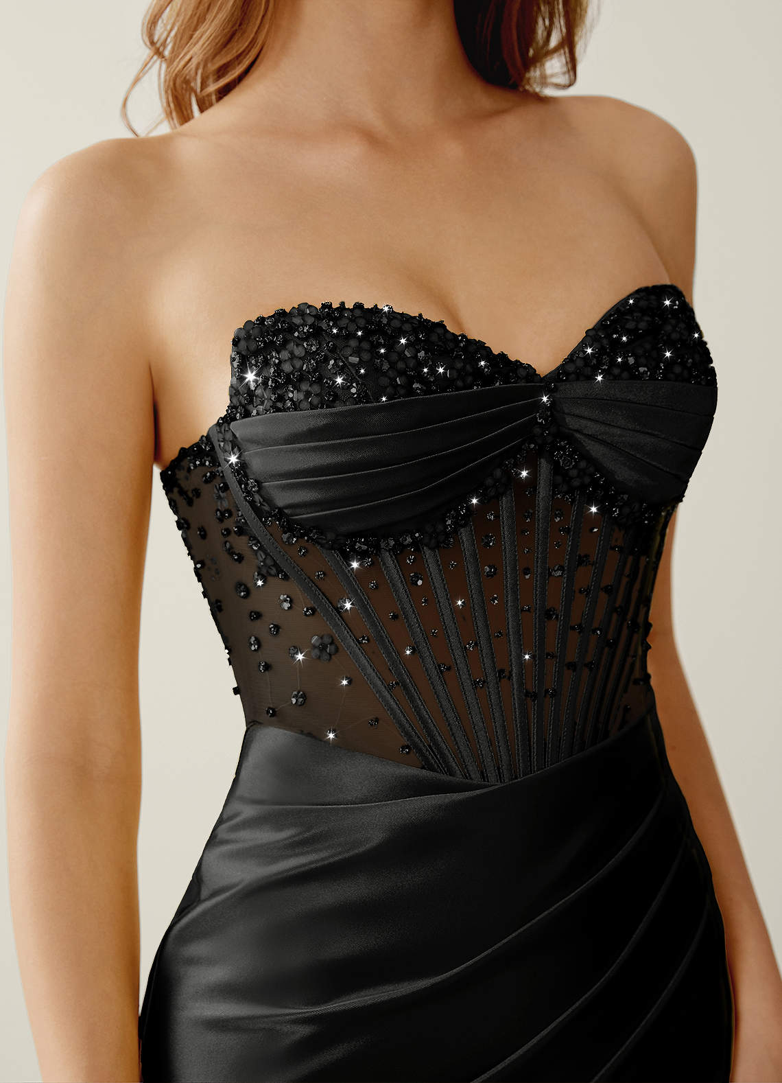 Willa Mermaid Strapless Sequined Satin Evening Dress in black
