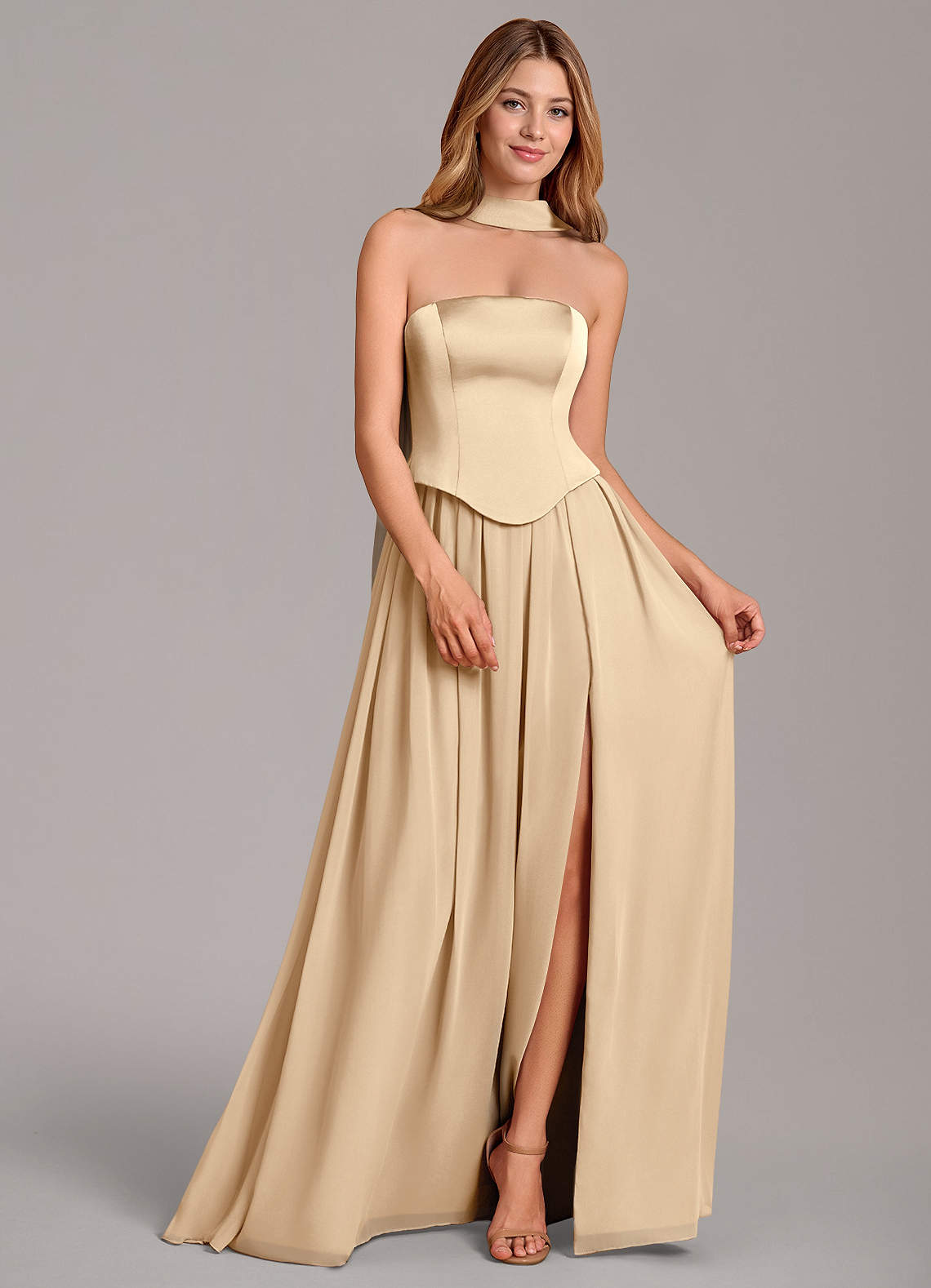 Cadence A-Line Strapless Chiffon and Stretch Satin Bridesmaid Dress in Champagne