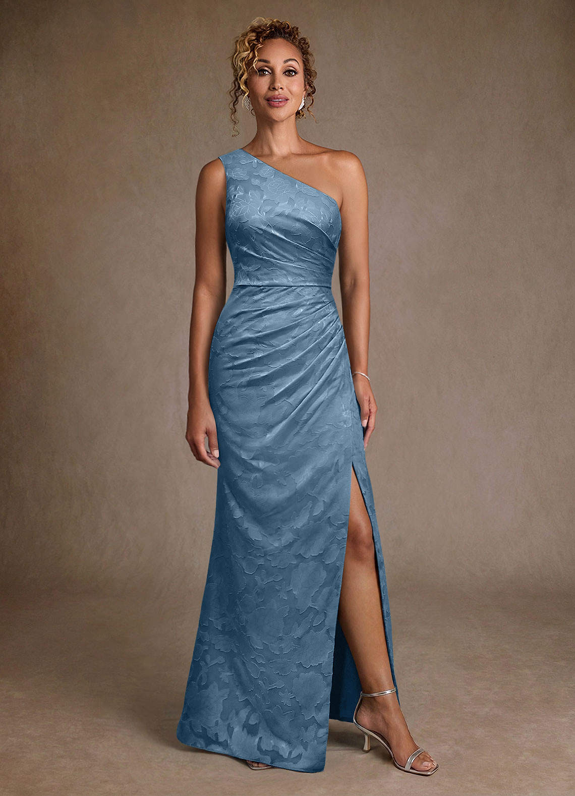 Joylin Trumpet One-Shoulder Floral Burnout Mother of the Bride Dress in Steel Blue