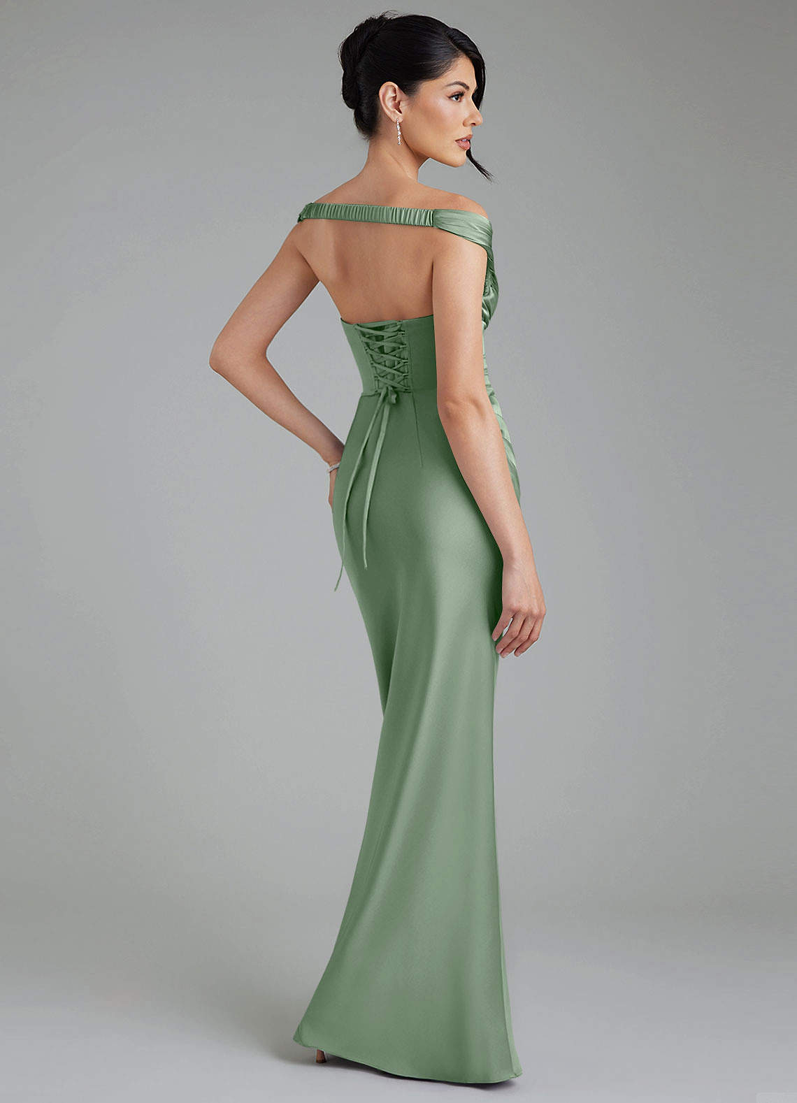 Stella Sheath V-Neck Stretch Satin Bridesmaid Dress in Matcha