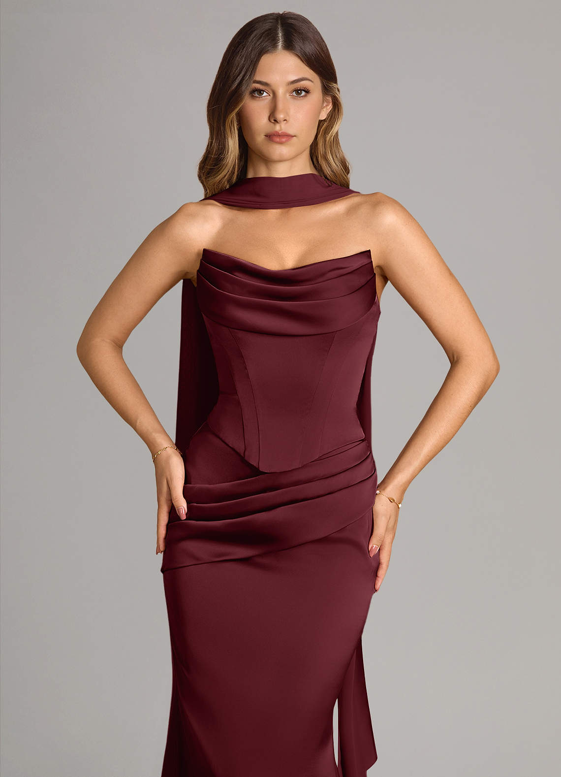 Sorrel Mermaid Corset Stretch Satin Evening Set in Wine