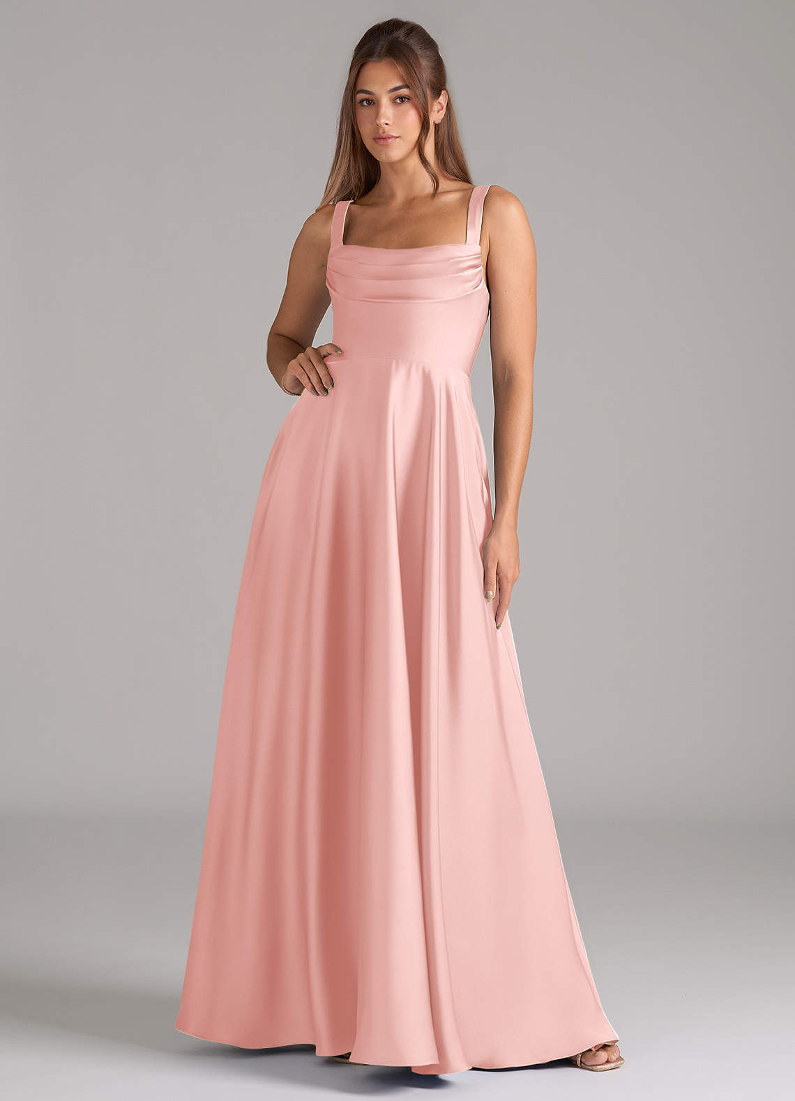 Shaude A-Line Square-Neck Stretch Satin Bridesmaid Dress in Powder Pink