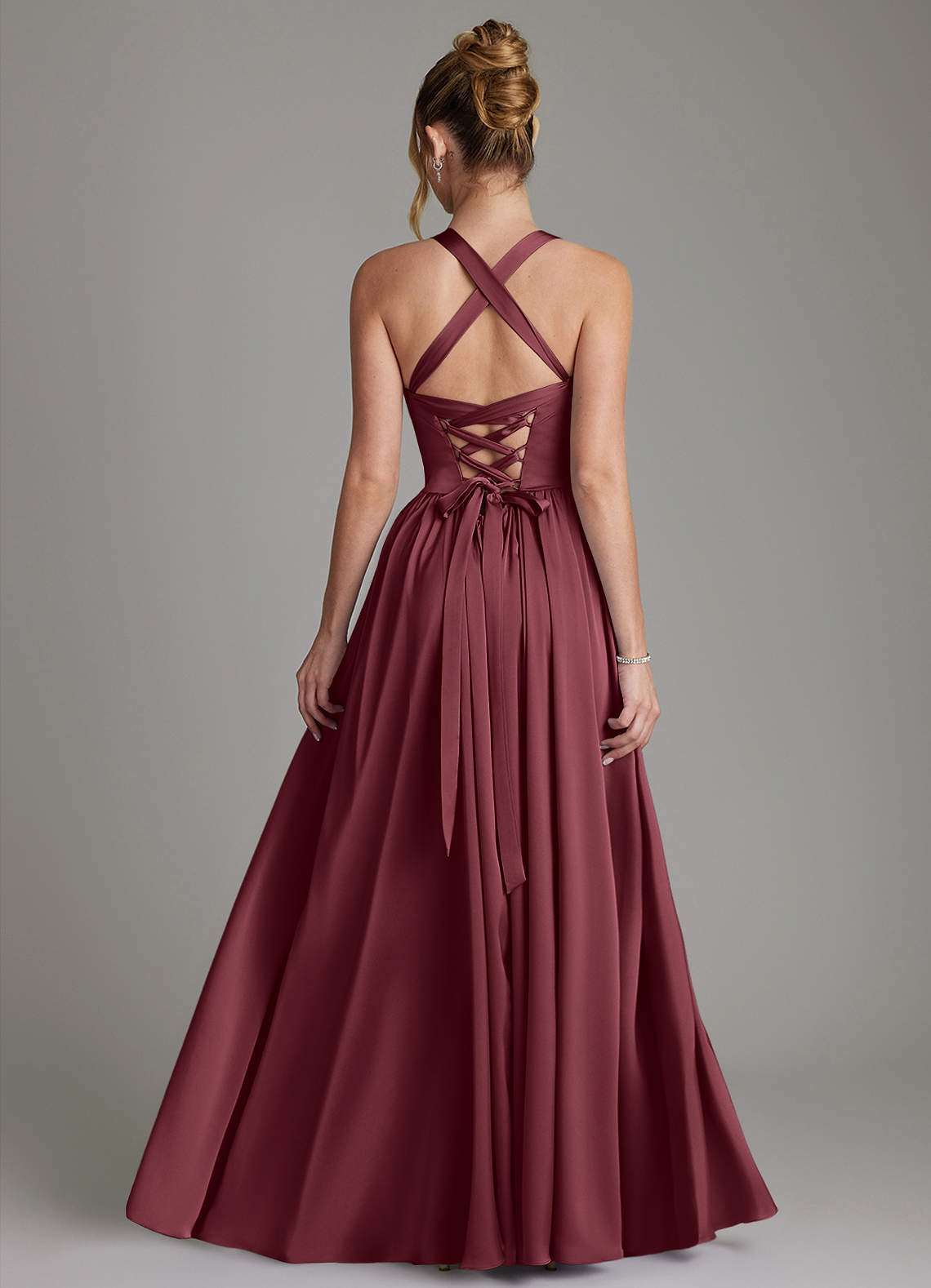 Francis A-Line V-Neck Stretch Satin Bridesmaid Dress in Merlot