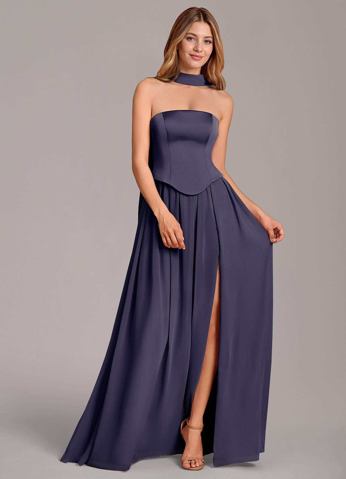 Cadence A-Line Strapless Chiffon and Stretch Satin Bridesmaid Dress in Stormy