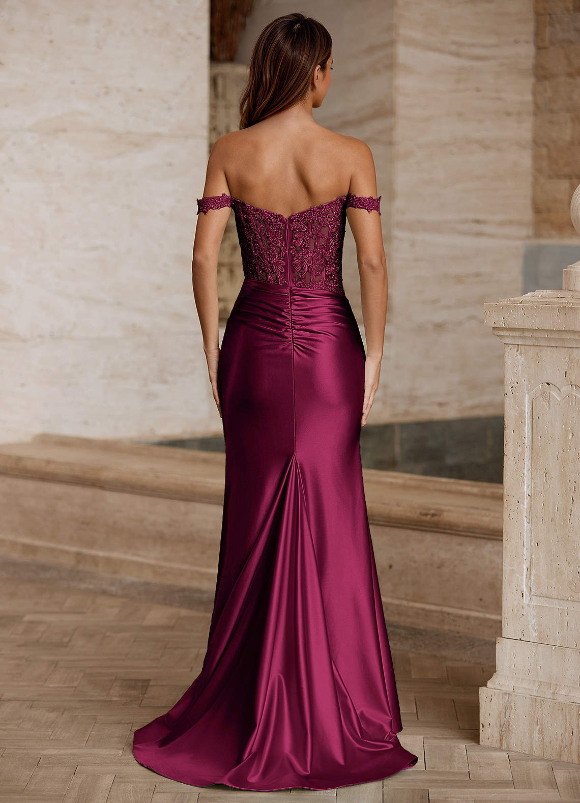 Wrentino Mermaid Off-the-Shoulder Stretch Satin Evening Dress in Wine