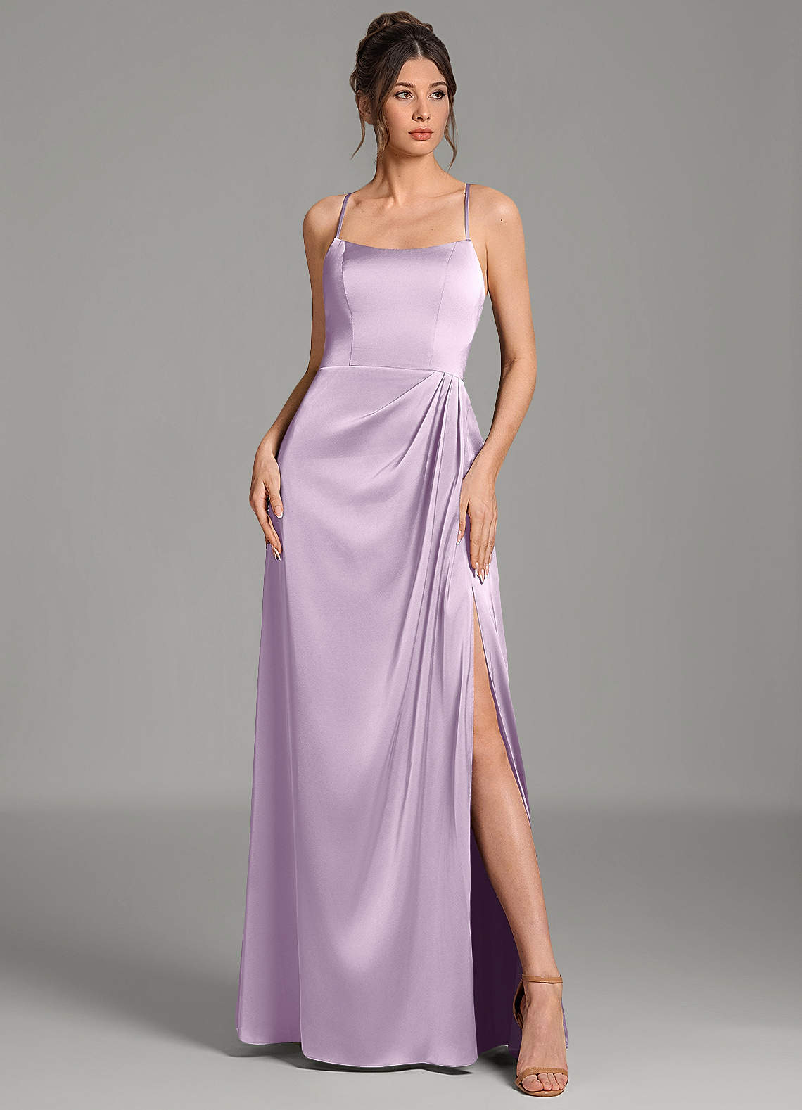 Frankie A-Line Scoop-Neck Stretch Satin Bridesmaid Dress in Frosted Lilac