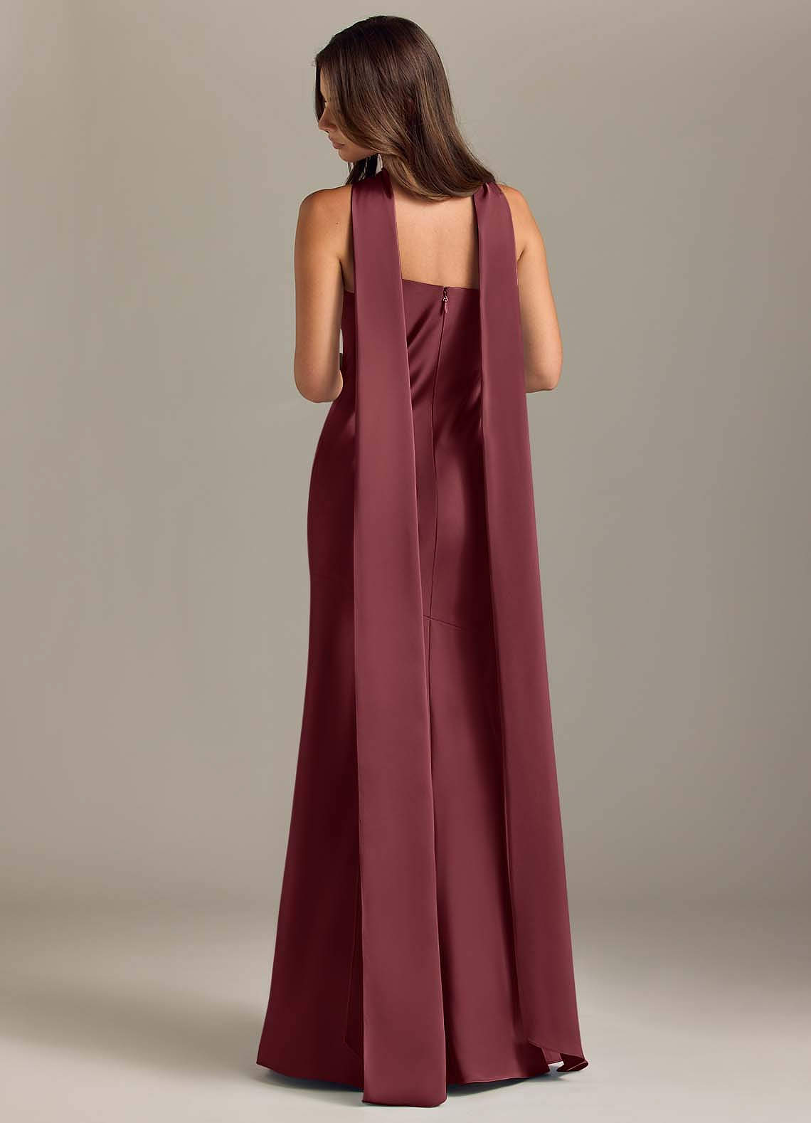 Kinsley Mermaid Halter Stretch Satin Bridesmaid Dress in Merlot