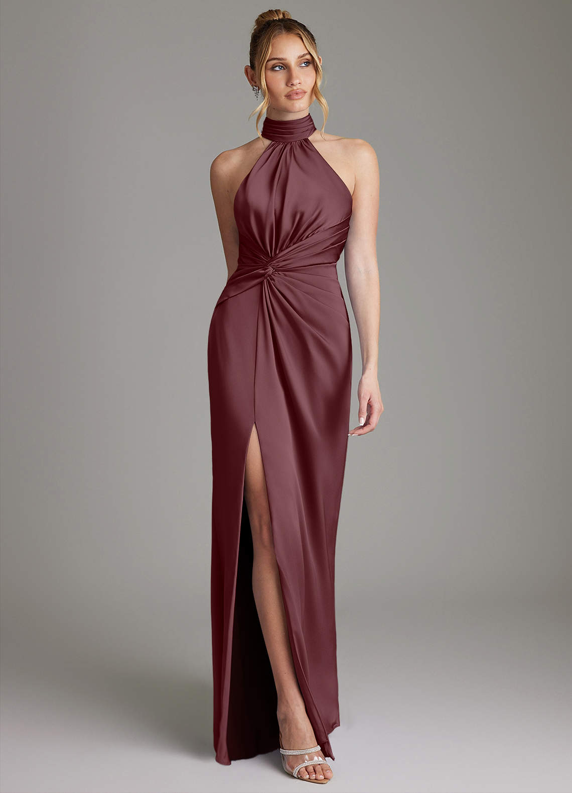 Gracelynn Sheath Halter Stretch Satin Bridesmaid Dress in Sangria