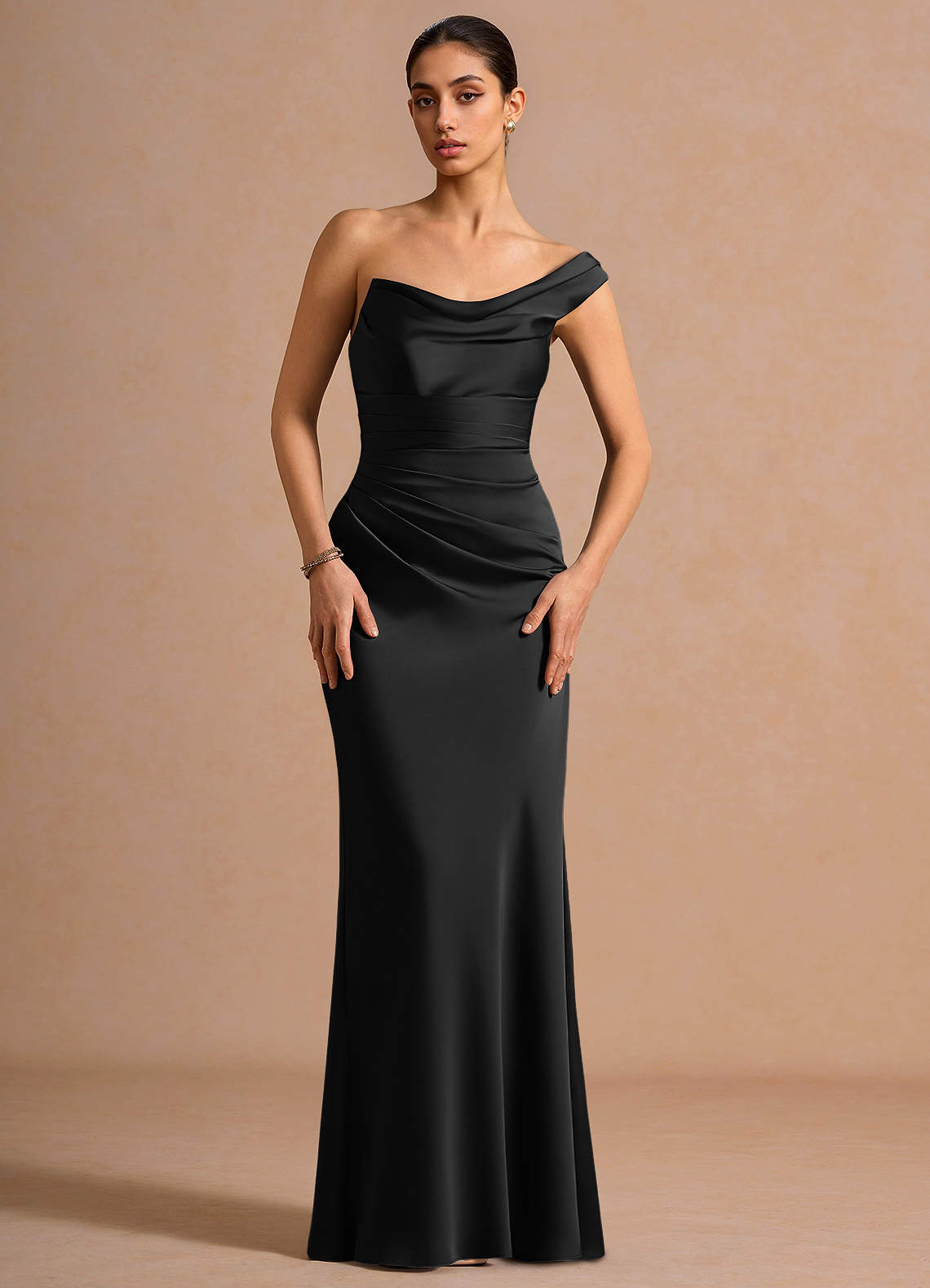 Cassiopeia One-Shoulder Draped Stretch Satin Evening Dress in black