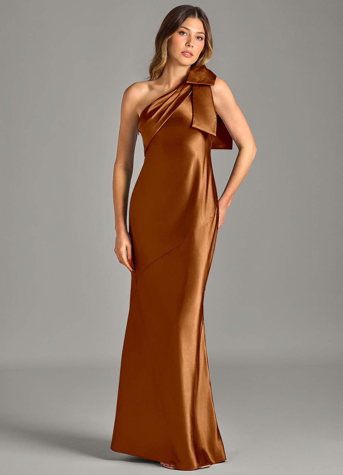 Yuanna Mermaid One-Shoulder Metallic Satin Bridesmaid Dress in Copper