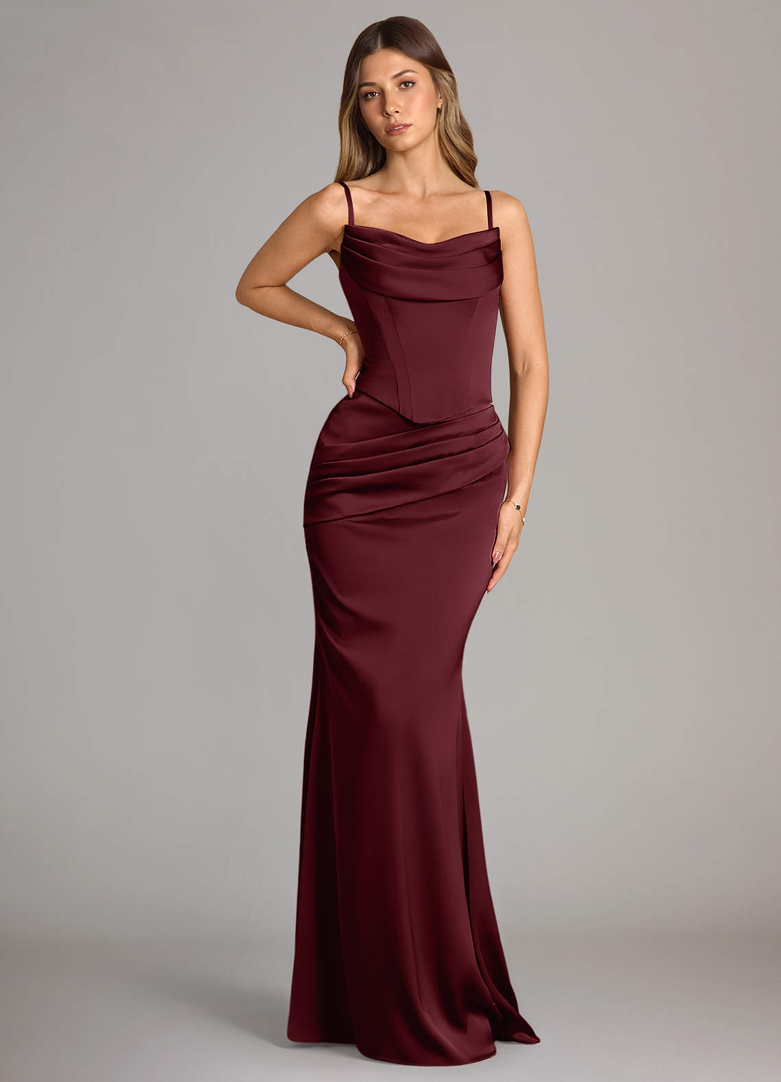 Sorrel Mermaid Corset Stretch Satin Evening Set in Wine