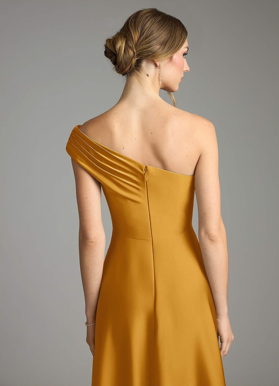 Melanie A-Line One-Shoulder Stretch Satin Bridesmaid Dress in butterscotch