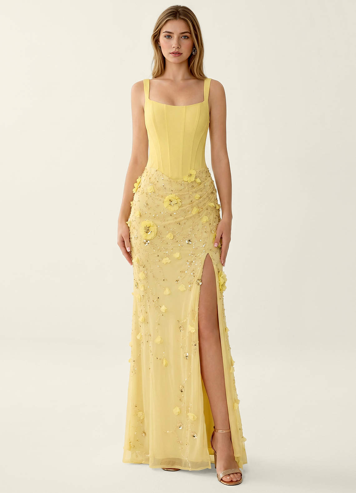 Belinda Mermaid Square-Neck Sequined Tulle Evening Dress in Ivory