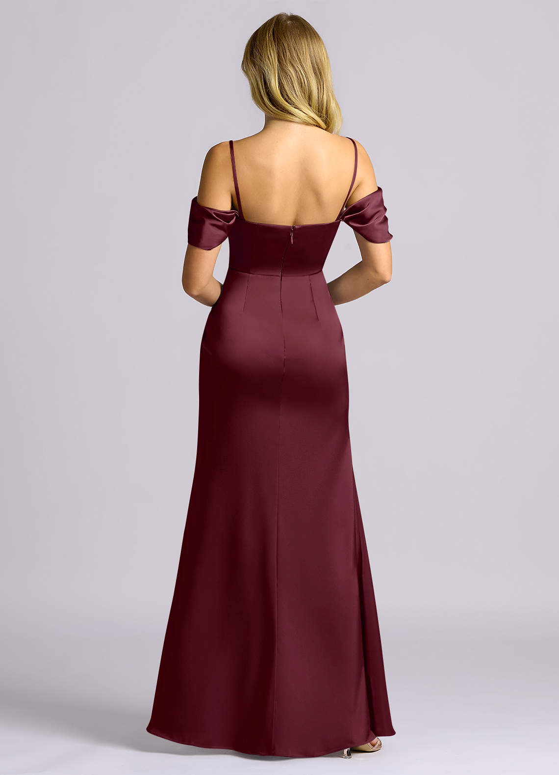Auden Sheath Off-the-Shoulder Stretch Satin Bridesmaid Dress in Cabernet