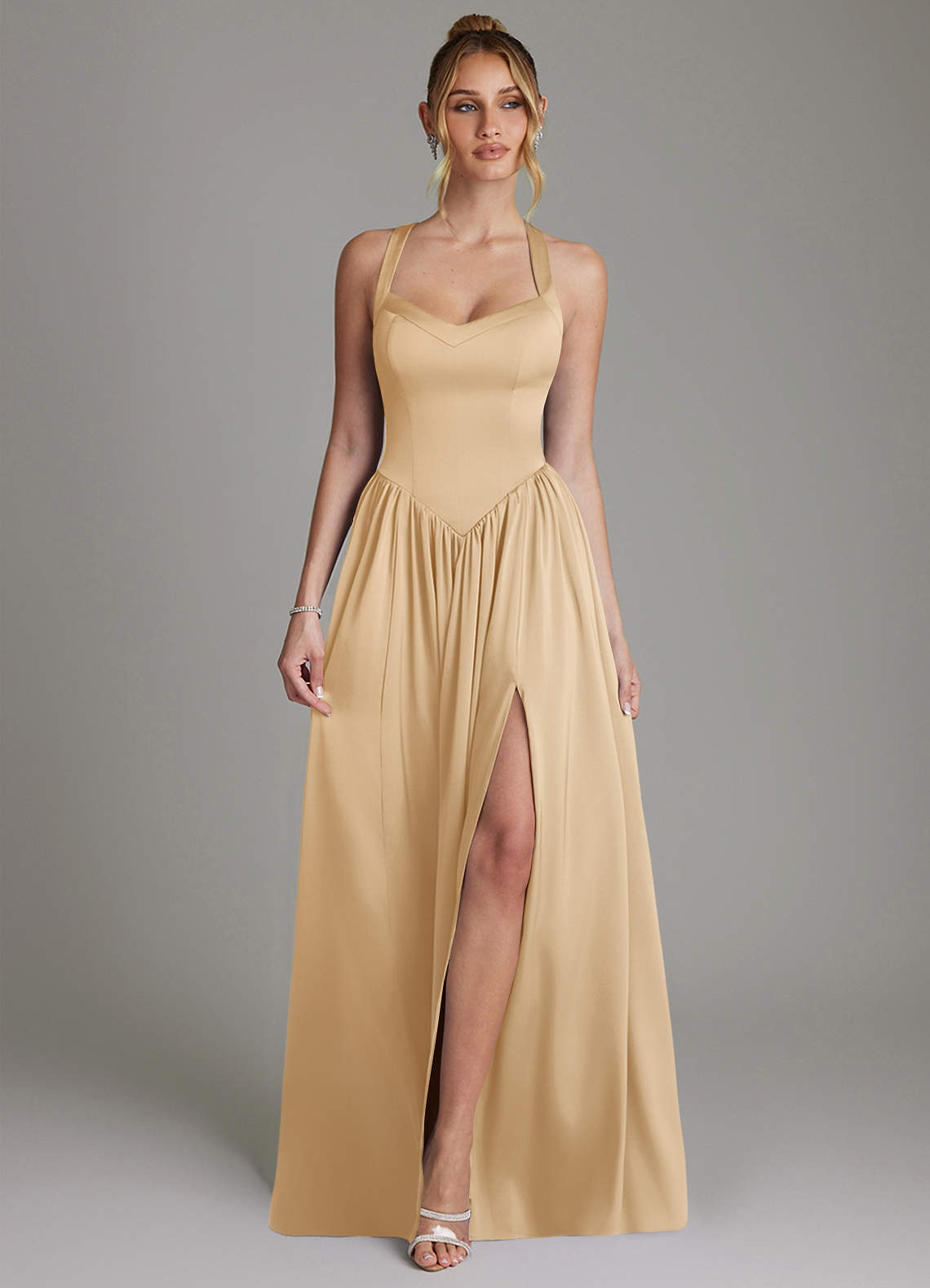 Francis A-Line V-Neck Stretch Satin Bridesmaid Dress in Gold