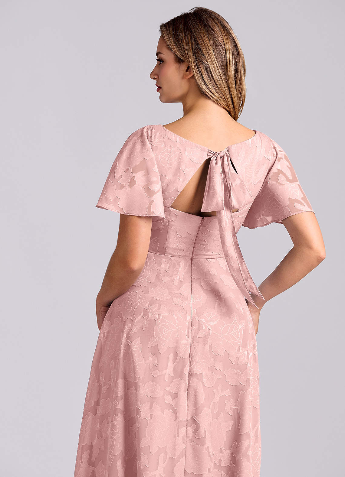 Kimber A-Line V-Neck Floral Burnout Bridesmaid Dress in Powder Pink
