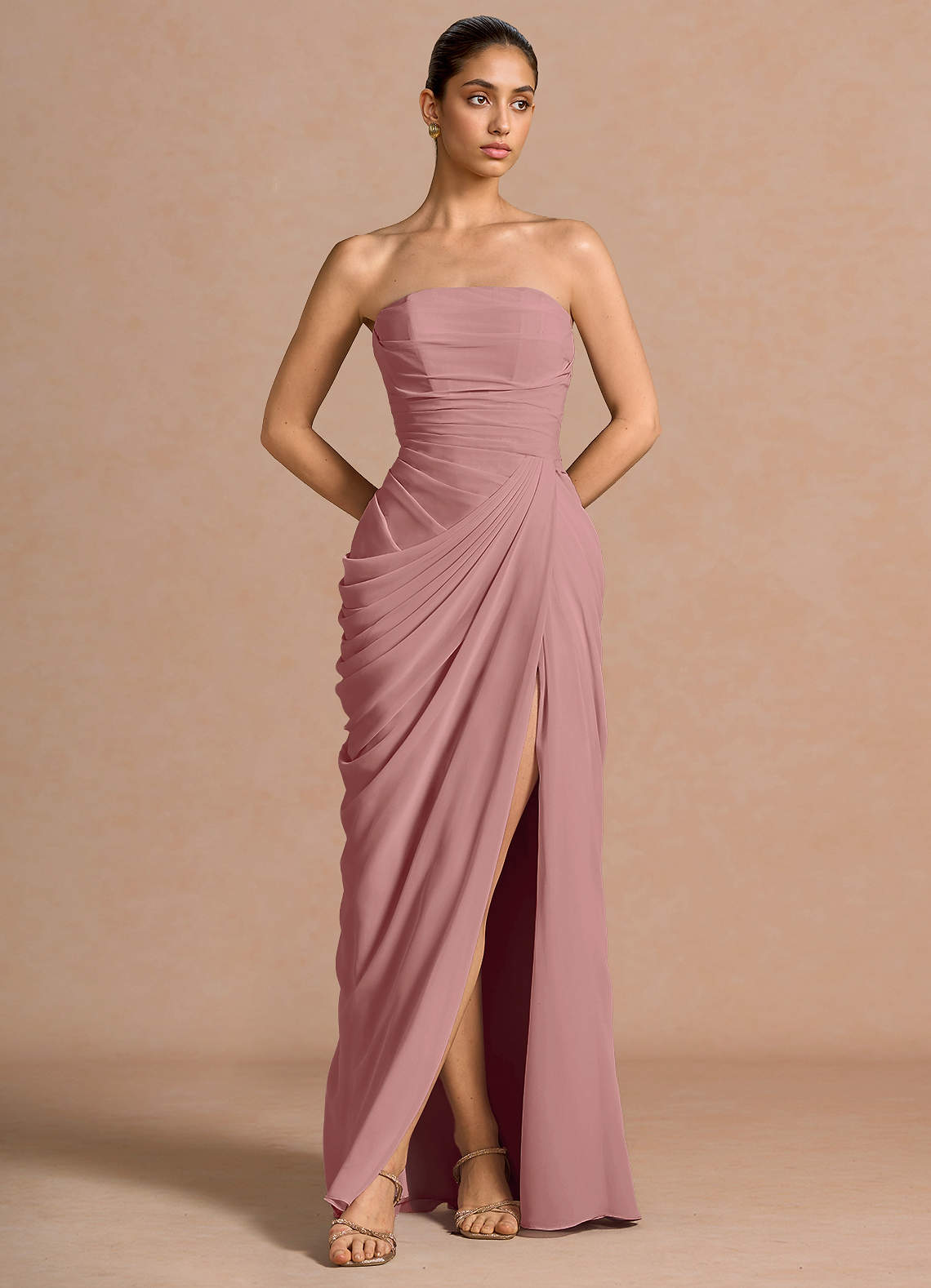 Kaavia Column Pleated Chiffon Maxi Evening Dress in Dusty Pink
