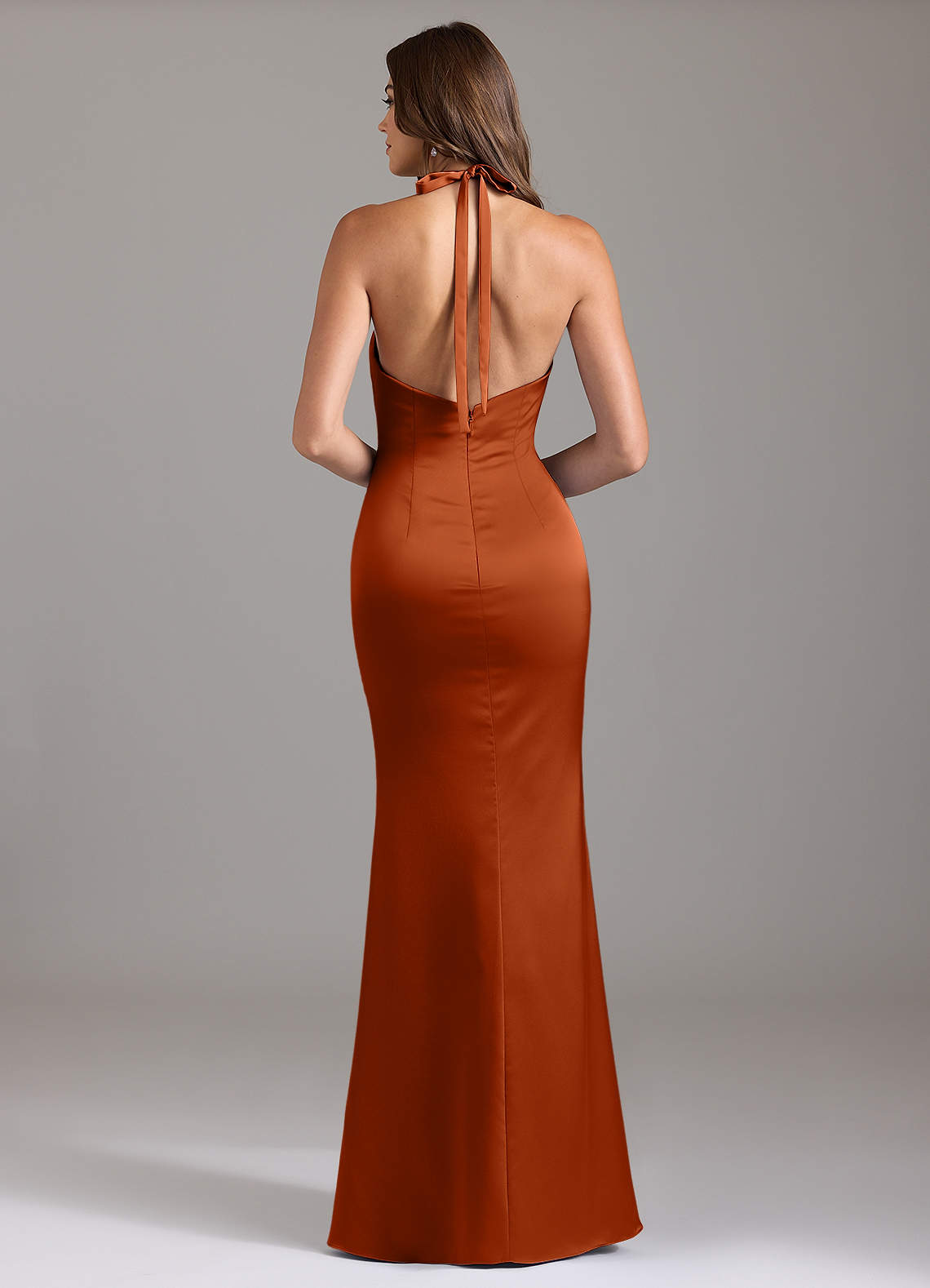 Valerie Mermaid V-Neck Stretch Satin Bridesmaid Dress in Burnt Orange