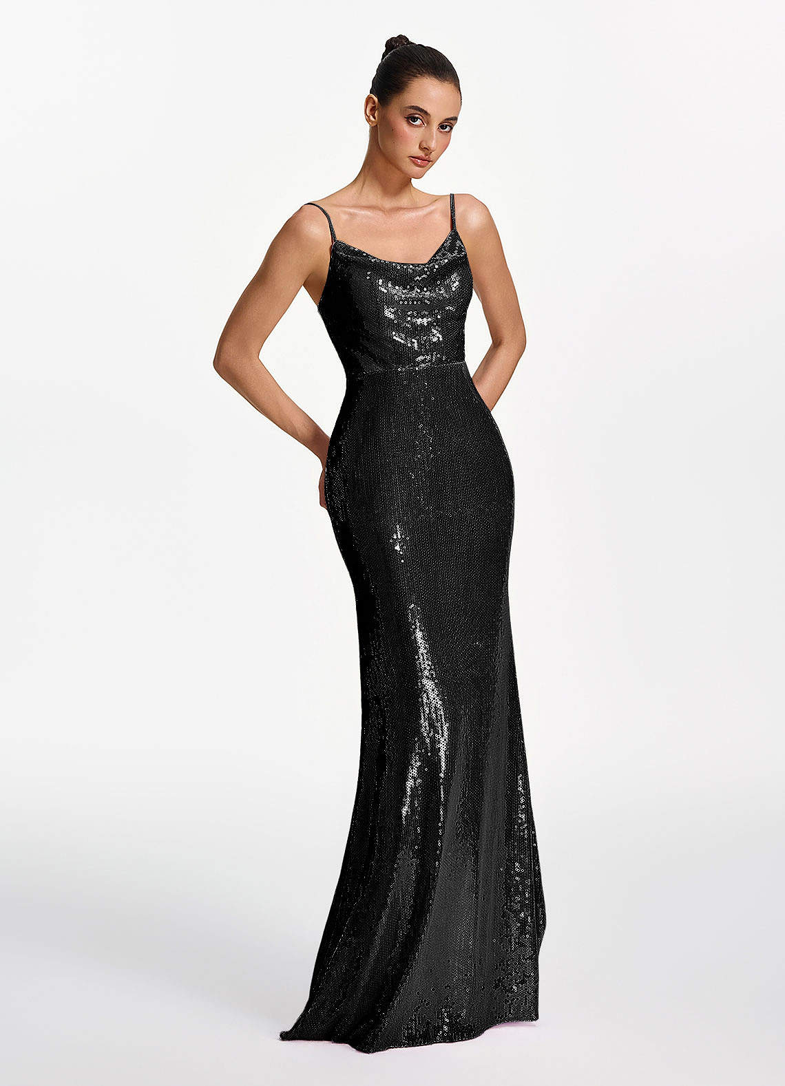 Elodie Mermaid Spaghetti-Strap Sequined Tulle Prom Dress in black