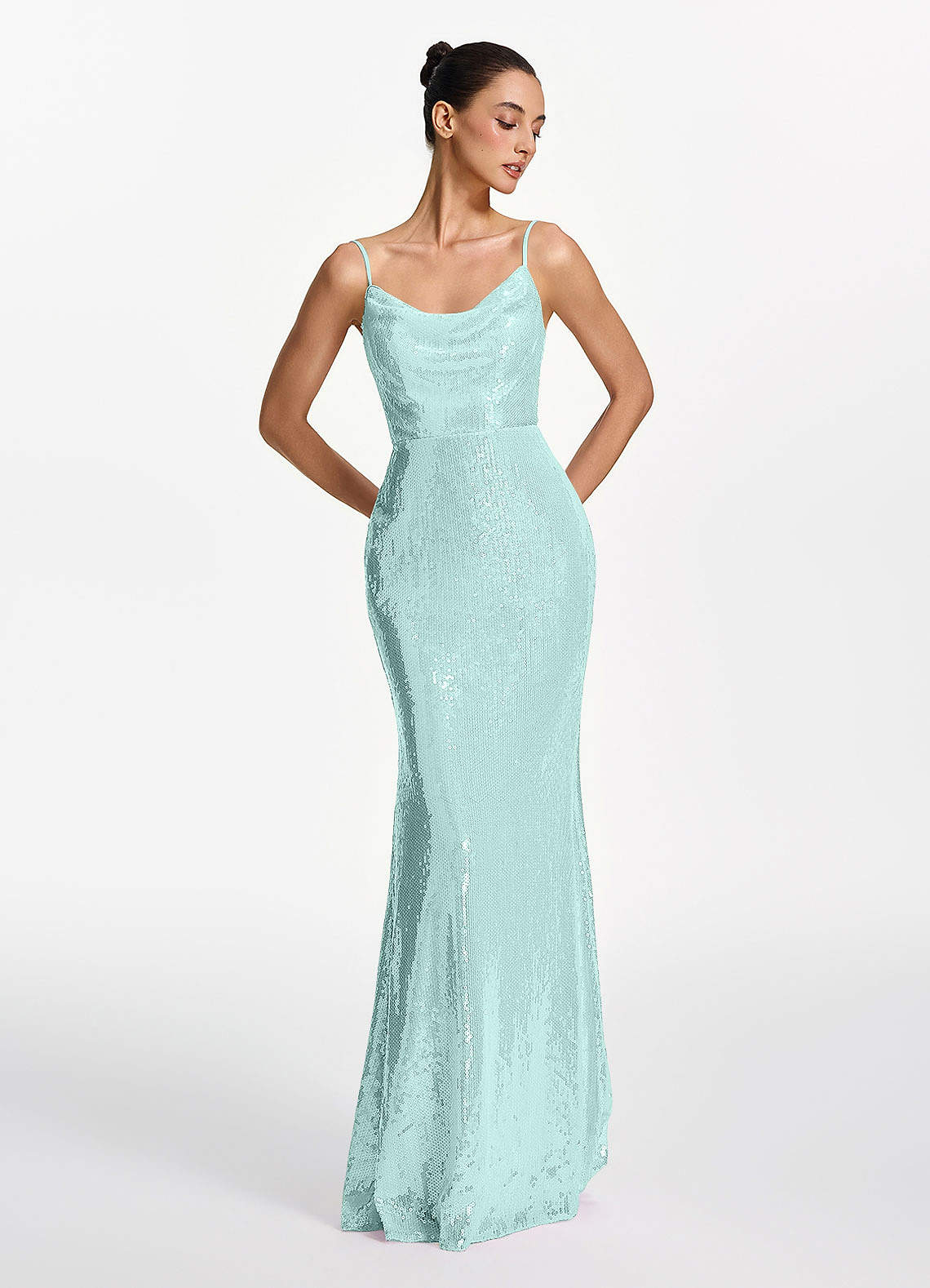 Elodie Mermaid Spaghetti-Strap Sequined Tulle Prom Dress in Lake Blue
