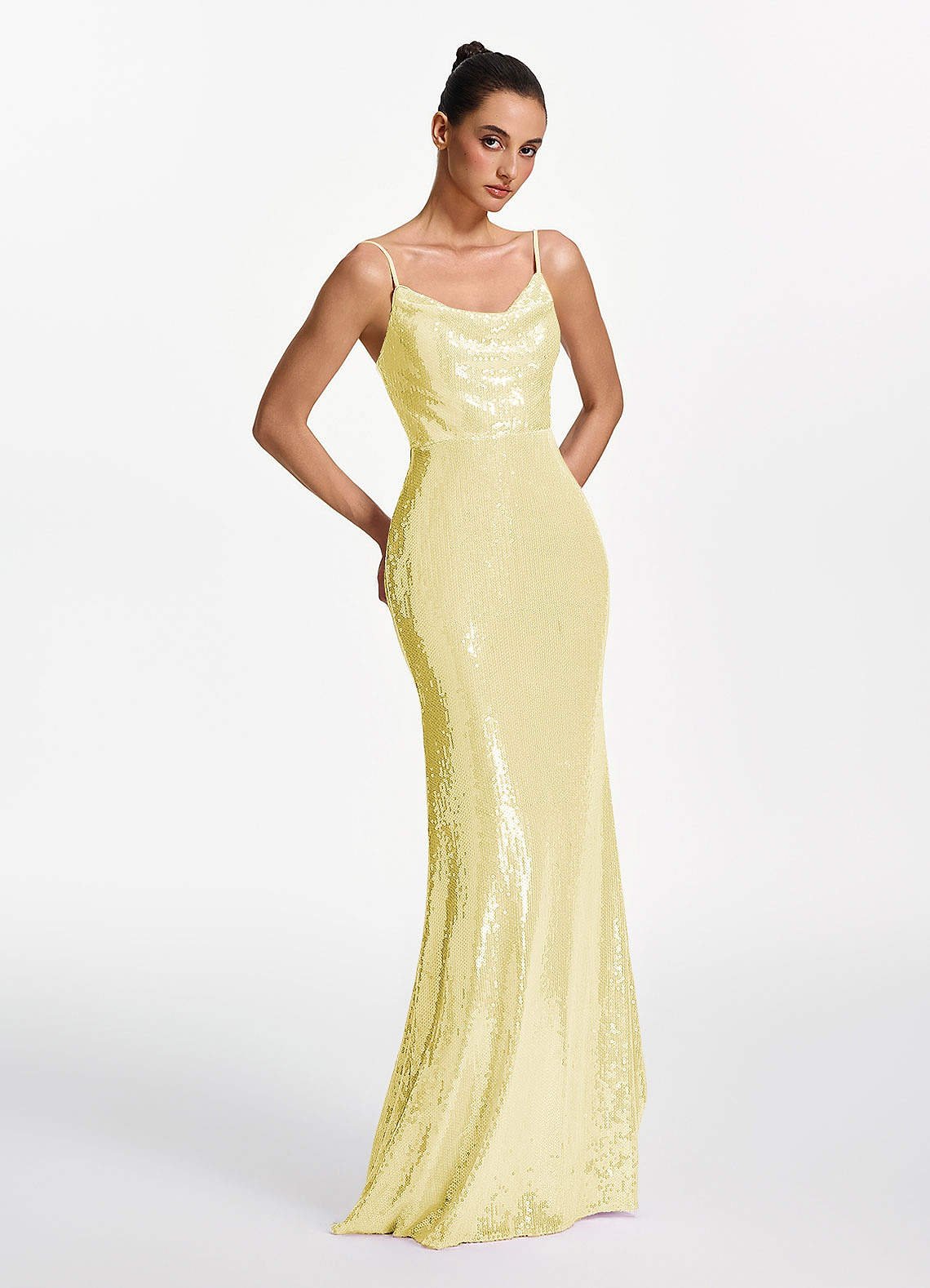 Elodie Mermaid Spaghetti-Strap Sequined Tulle Prom Dress in Lemon Sorbet