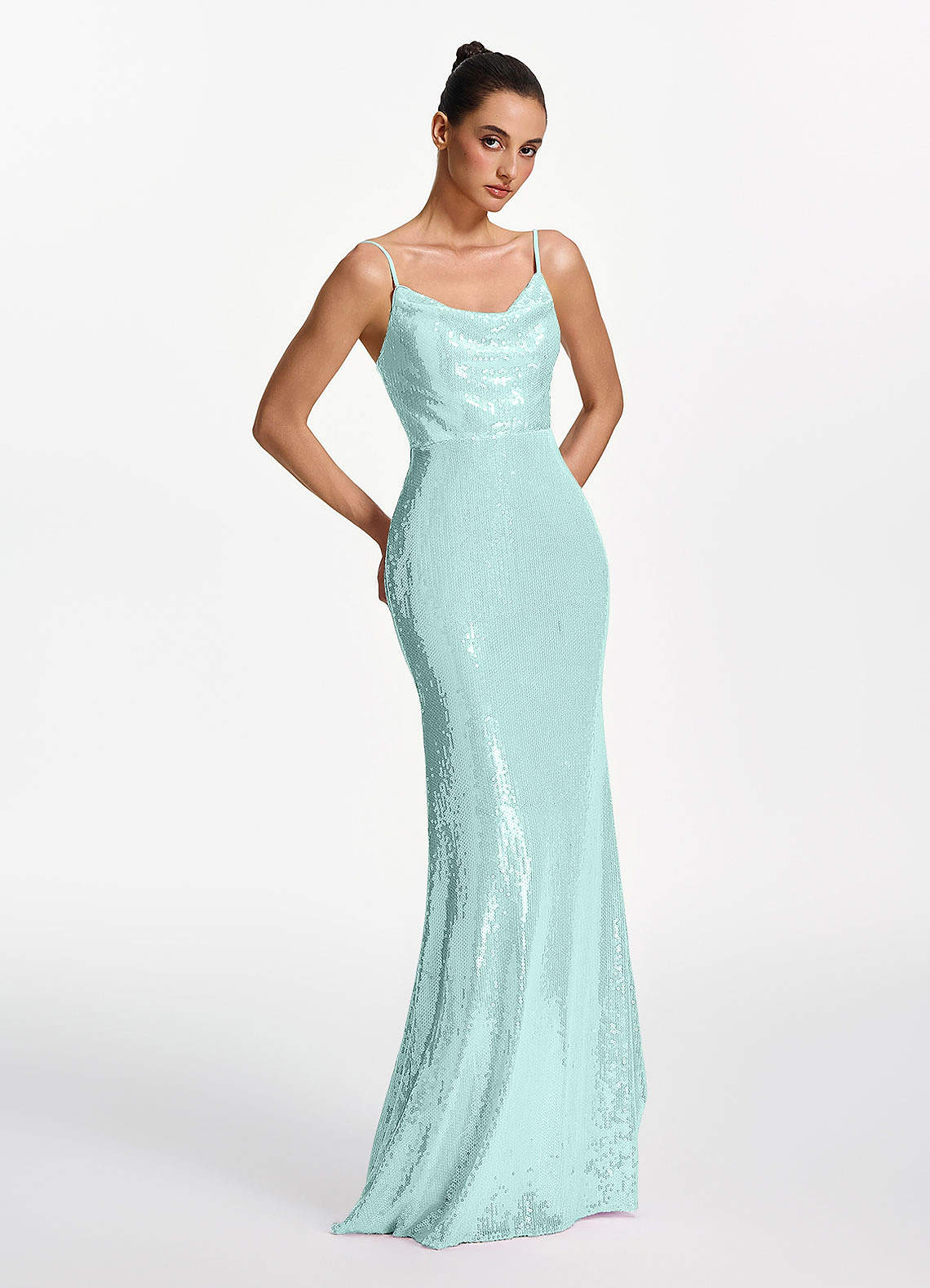 Elodie Mermaid Spaghetti-Strap Sequined Tulle Prom Dress in Lake Blue