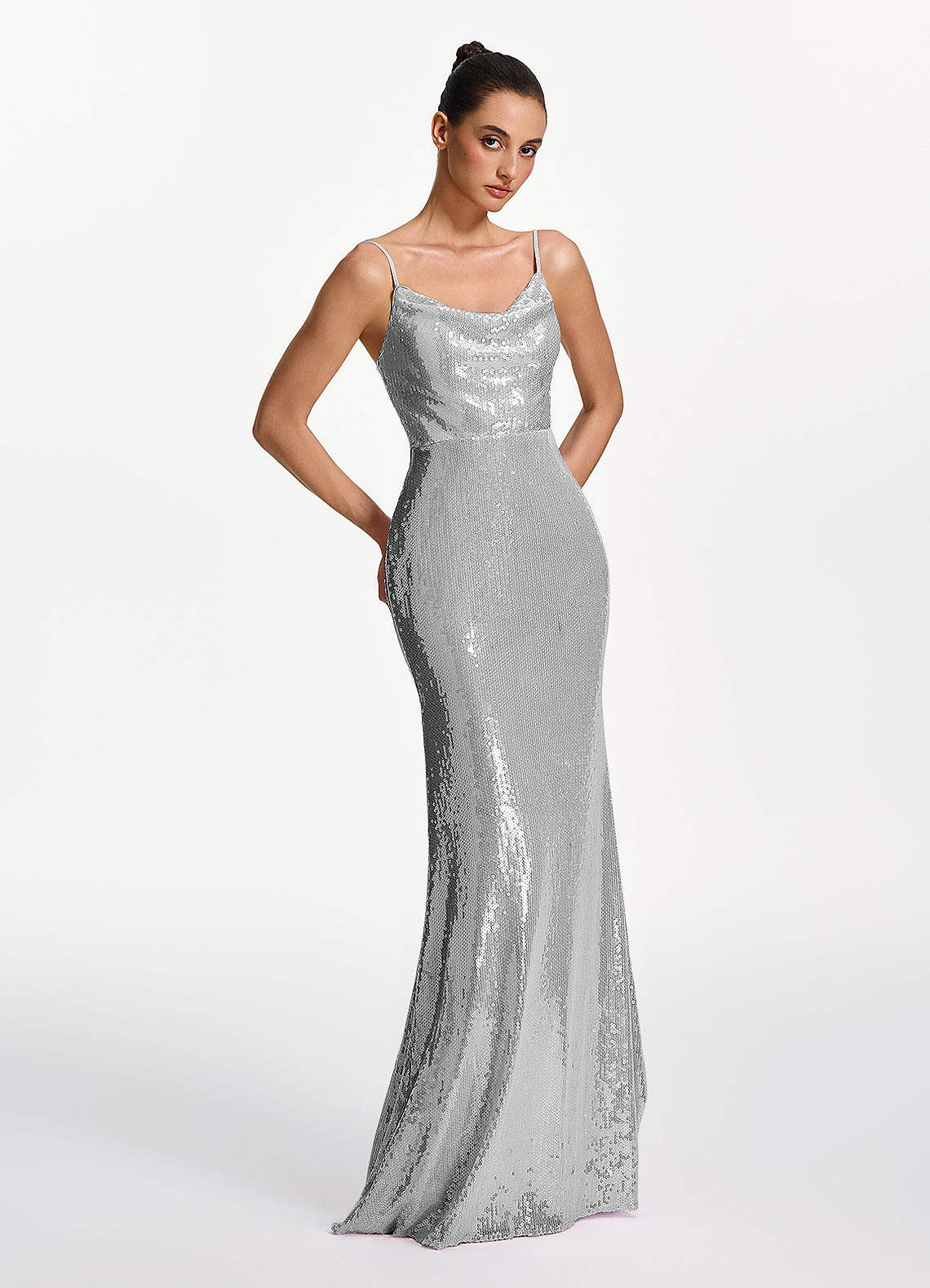 Elodie Mermaid Spaghetti-Strap Sequined Tulle Prom Dress in Silver