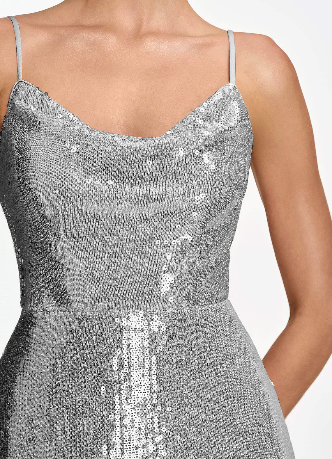 Elodie Mermaid Spaghetti-Strap Sequined Tulle Prom Dress in Gray