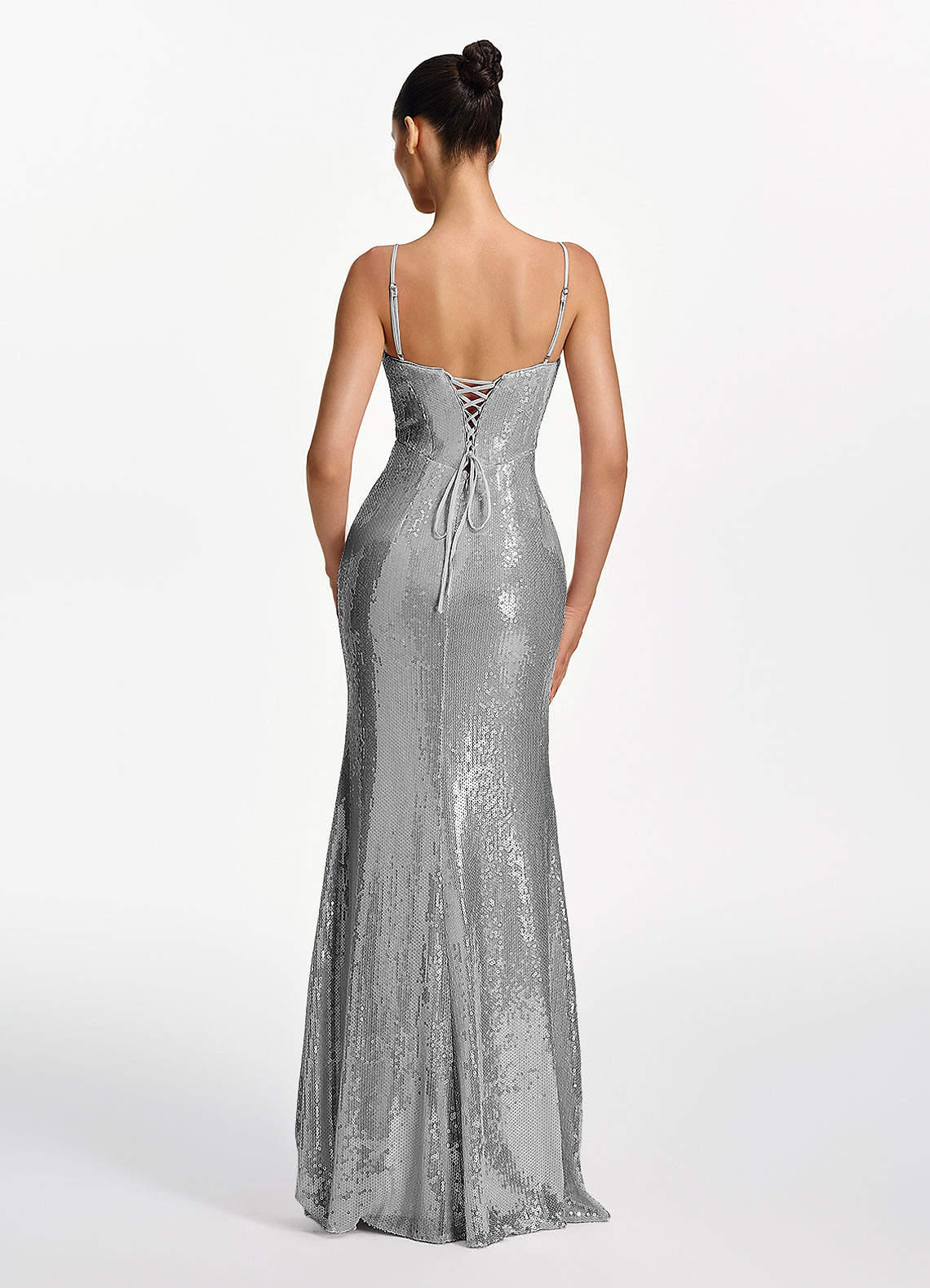 Elodie Mermaid Spaghetti-Strap Sequined Tulle Prom Dress in Gray