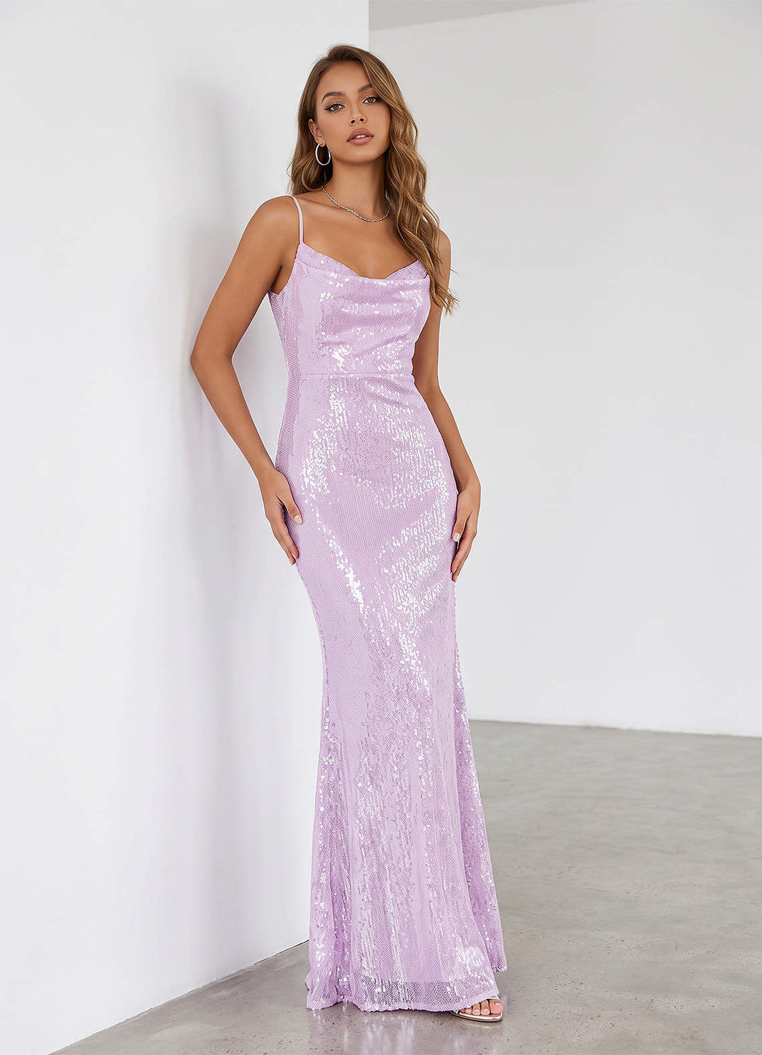 Elodie Mermaid Spaghetti-Strap Sequined Tulle Prom Dress in Lilac
