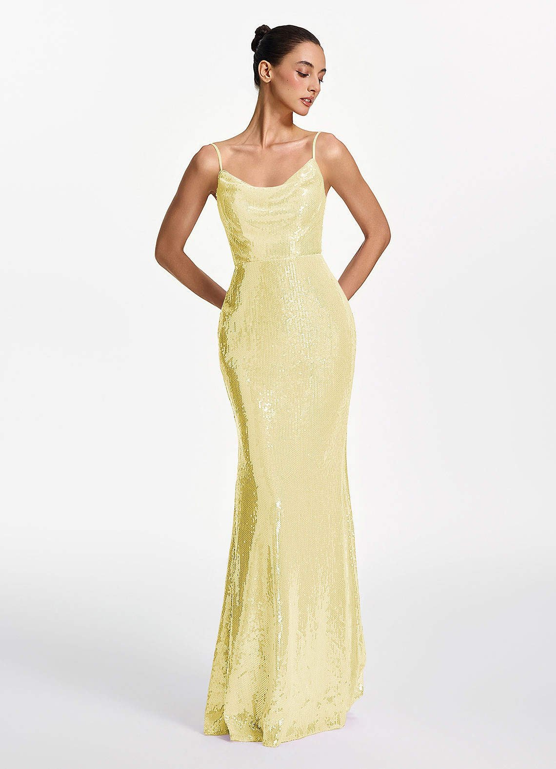 Elodie Mermaid Spaghetti-Strap Sequined Tulle Prom Dress in Lemon Sorbet