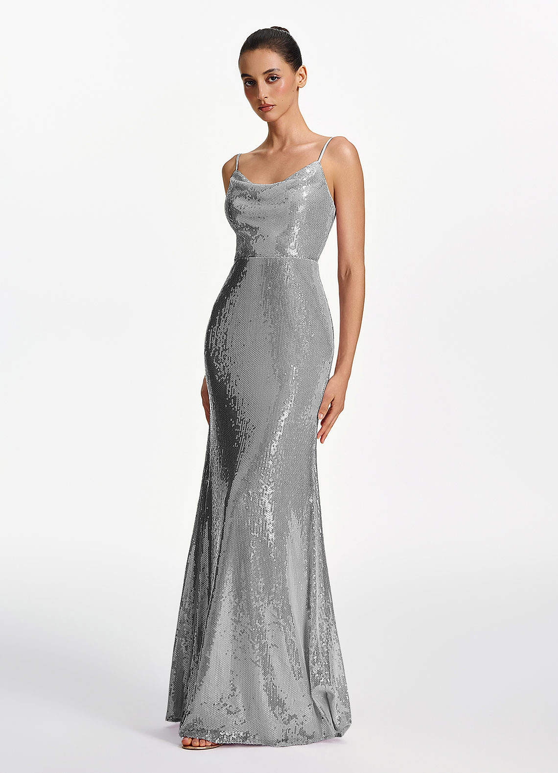 Elodie Mermaid Spaghetti-Strap Sequined Tulle Prom Dress in Gray