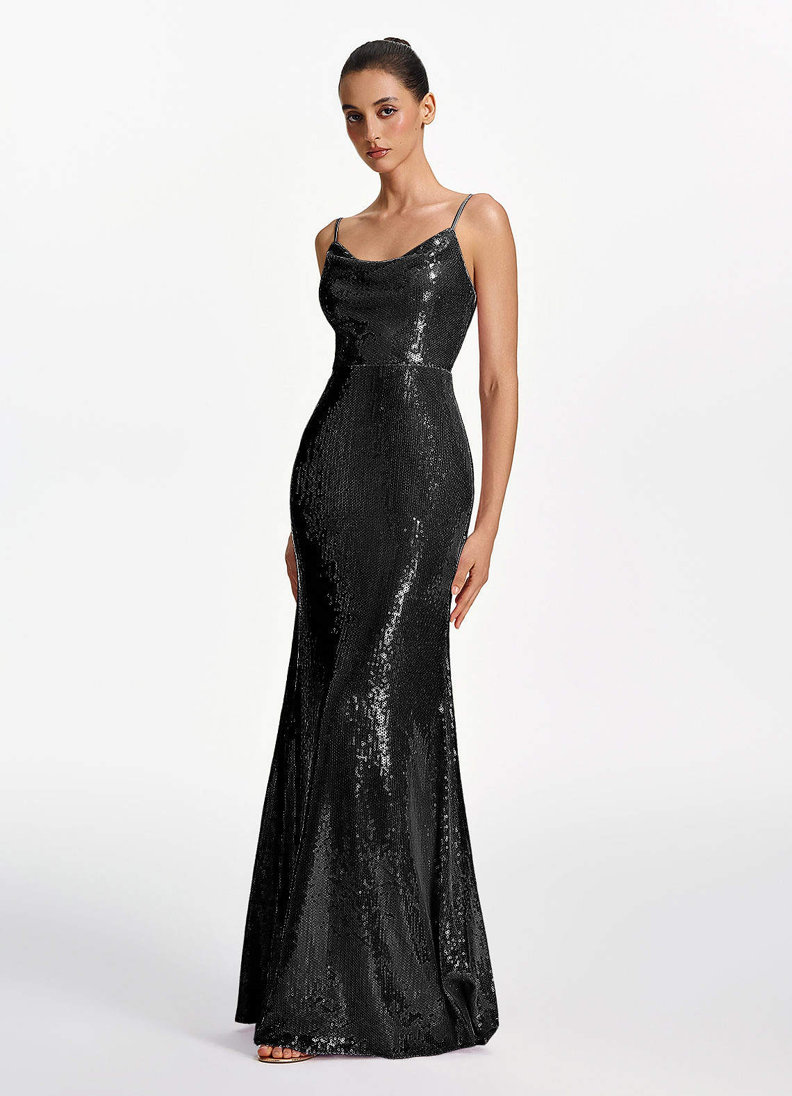 Elodie Mermaid Spaghetti-Strap Sequined Tulle Prom Dress in black