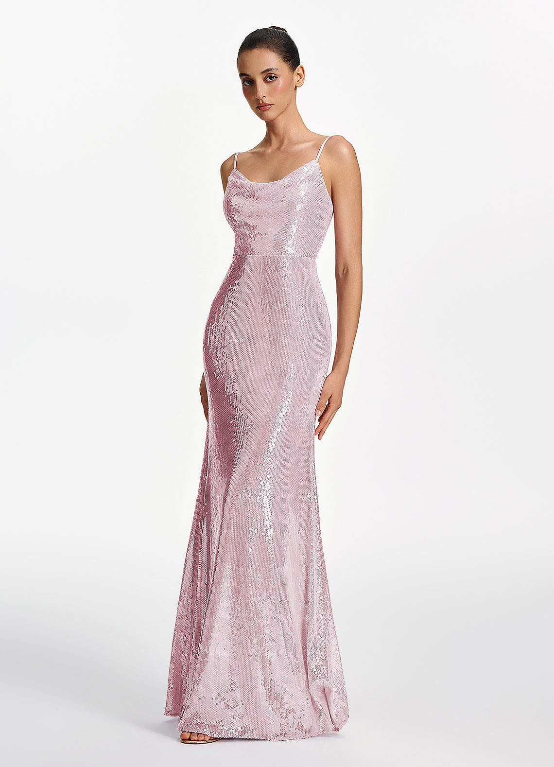 Elodie Mermaid Spaghetti-Strap Sequined Tulle Prom Dress in Dusty Pink