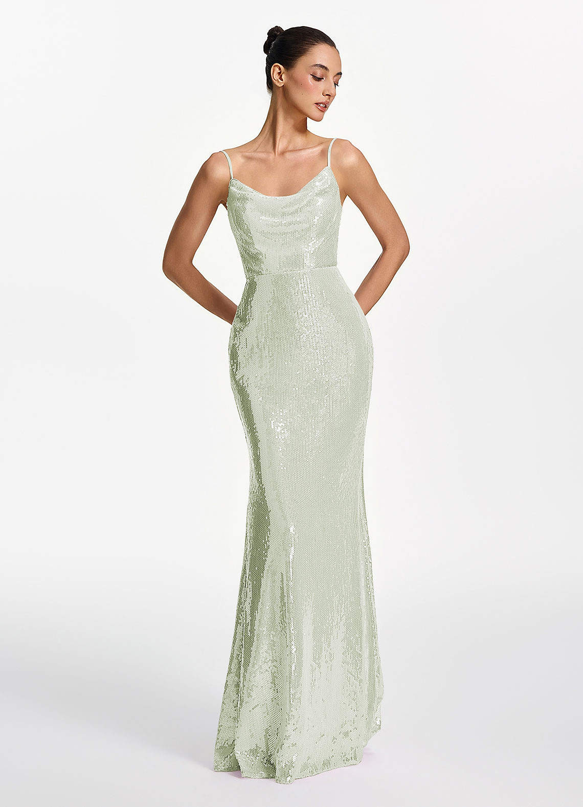 Elodie Mermaid Spaghetti-Strap Sequined Tulle Prom Dress in Light green