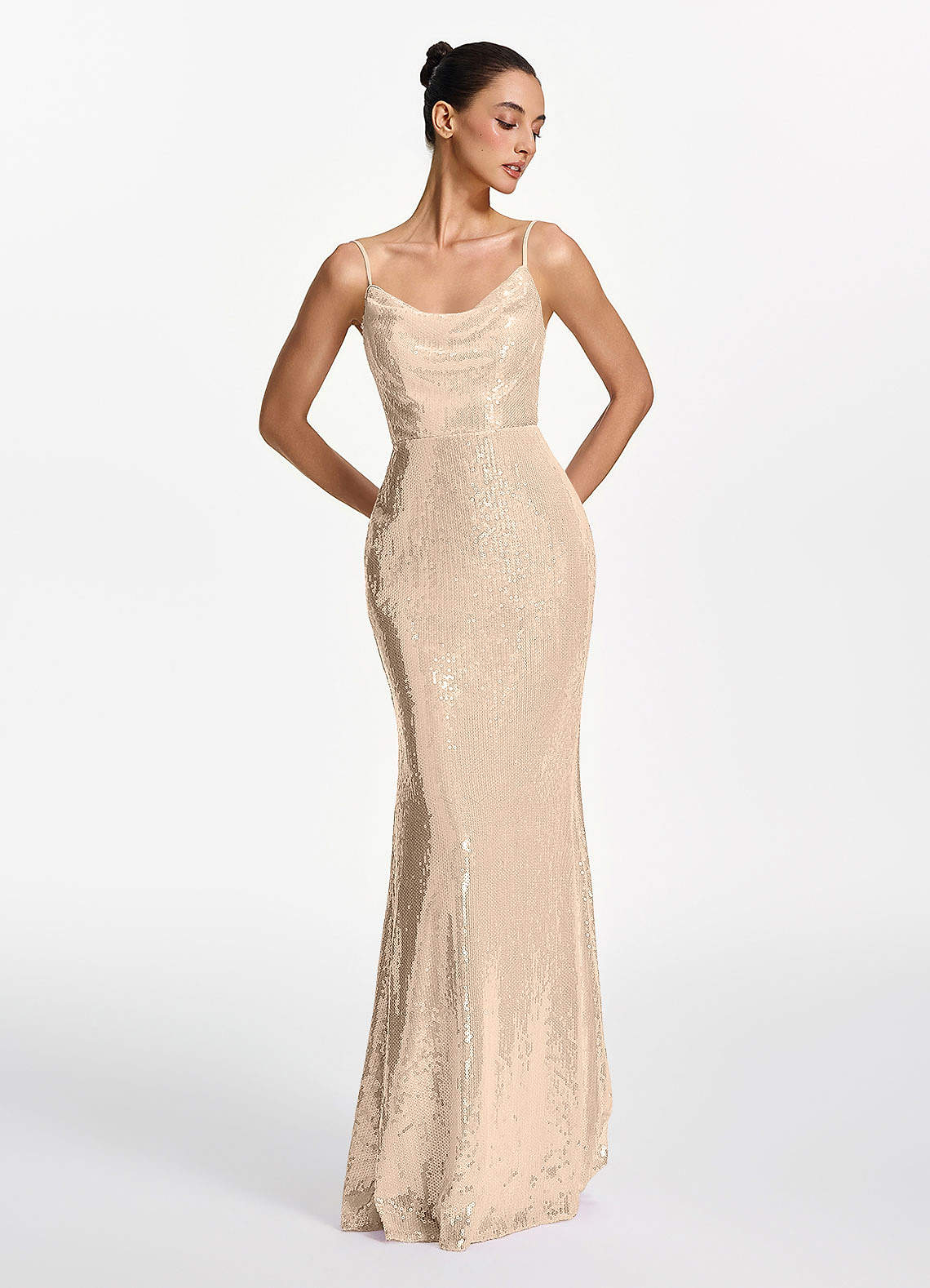 Elodie Mermaid Spaghetti-Strap Sequined Tulle Prom Dress in Champagne