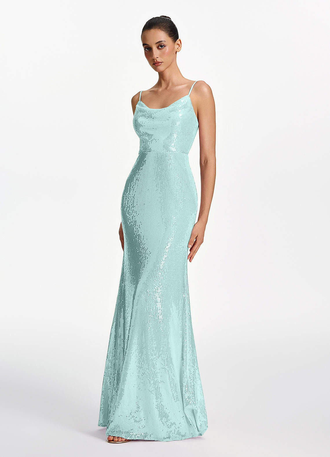 Elodie Mermaid Spaghetti-Strap Sequined Tulle Prom Dress in Lake Blue