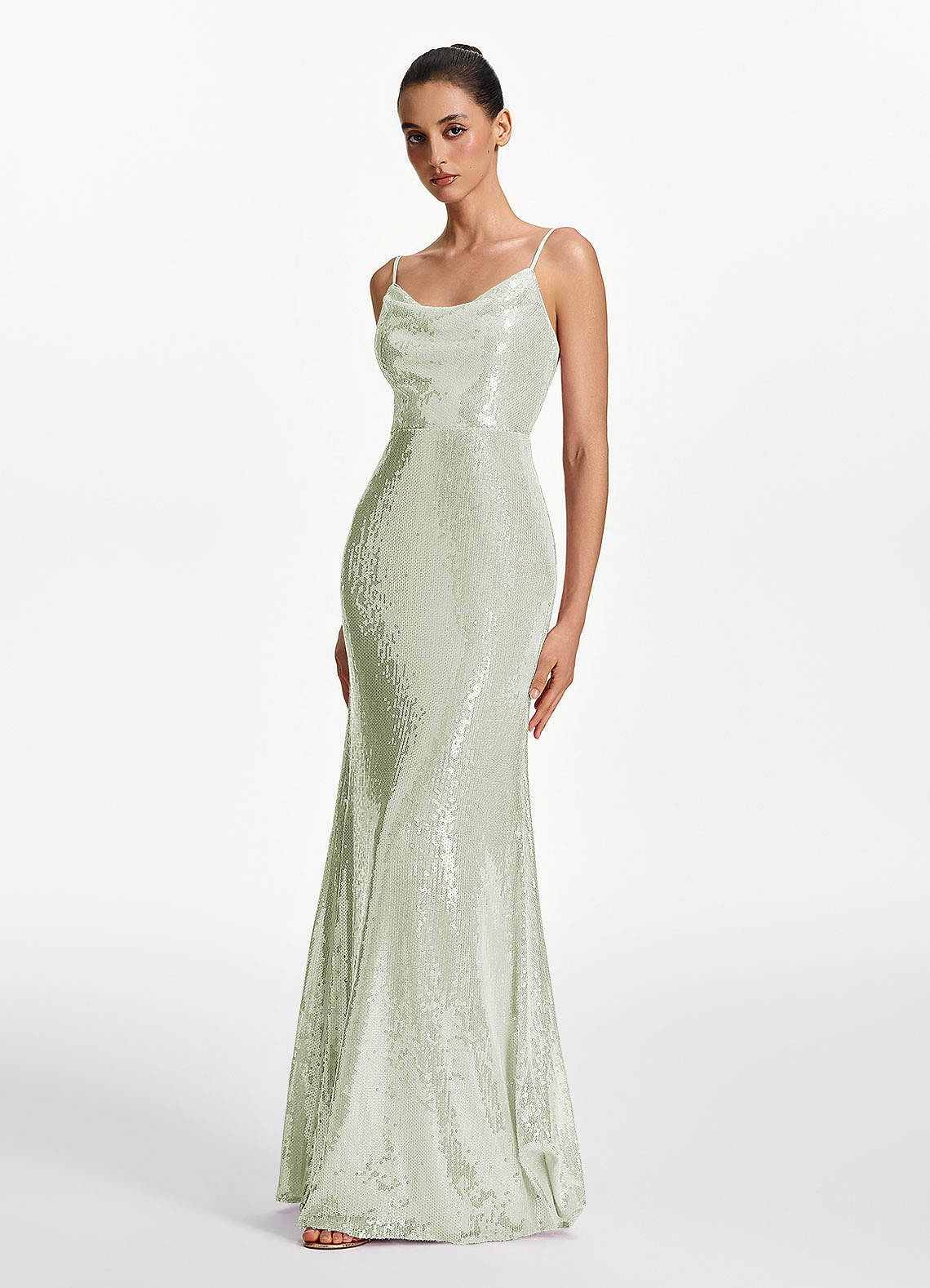 Elodie Mermaid Spaghetti-Strap Sequined Tulle Prom Dress in Light green