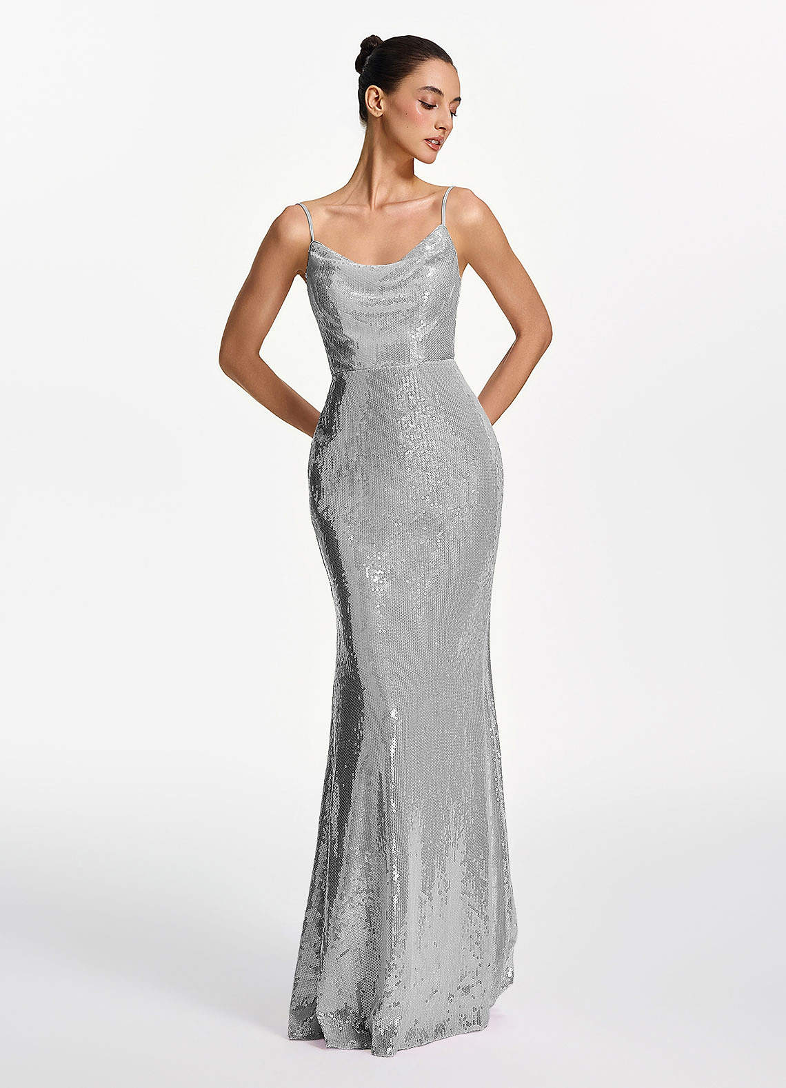 Elodie Mermaid Spaghetti-Strap Sequined Tulle Prom Dress in Silver