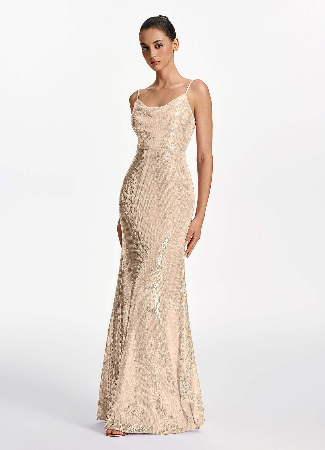 Elodie Mermaid Spaghetti-Strap Sequined Tulle Prom Dress in Champagne