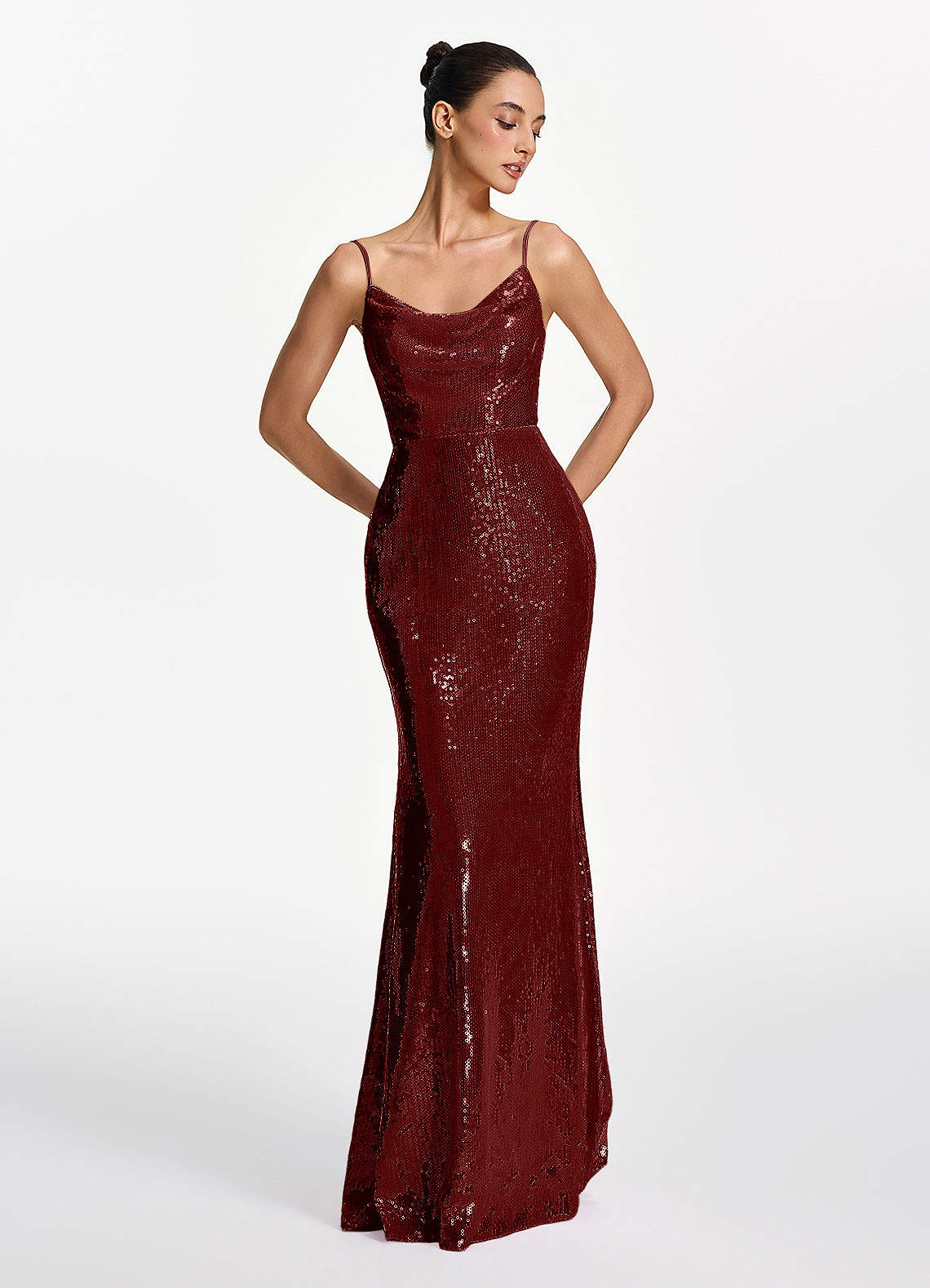 Elodie Mermaid Spaghetti-Strap Sequined Tulle Prom Dress in Burgundy