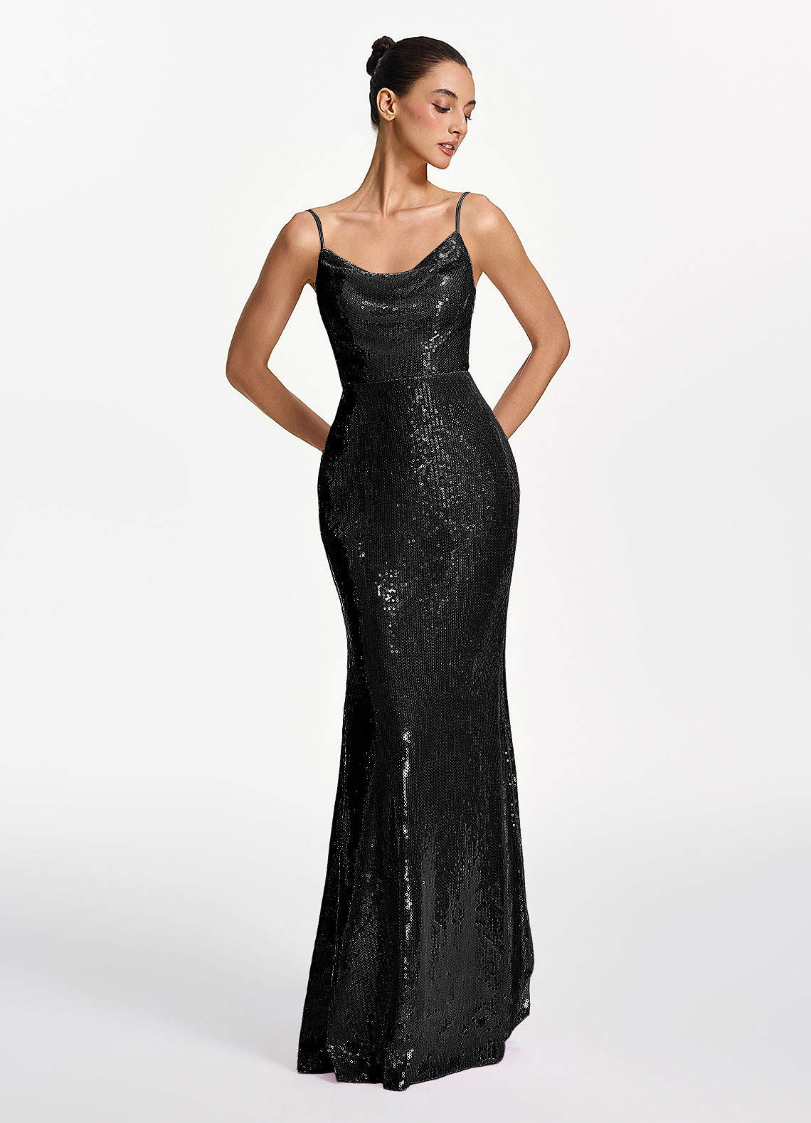 Elodie Mermaid Spaghetti-Strap Sequined Tulle Prom Dress in black