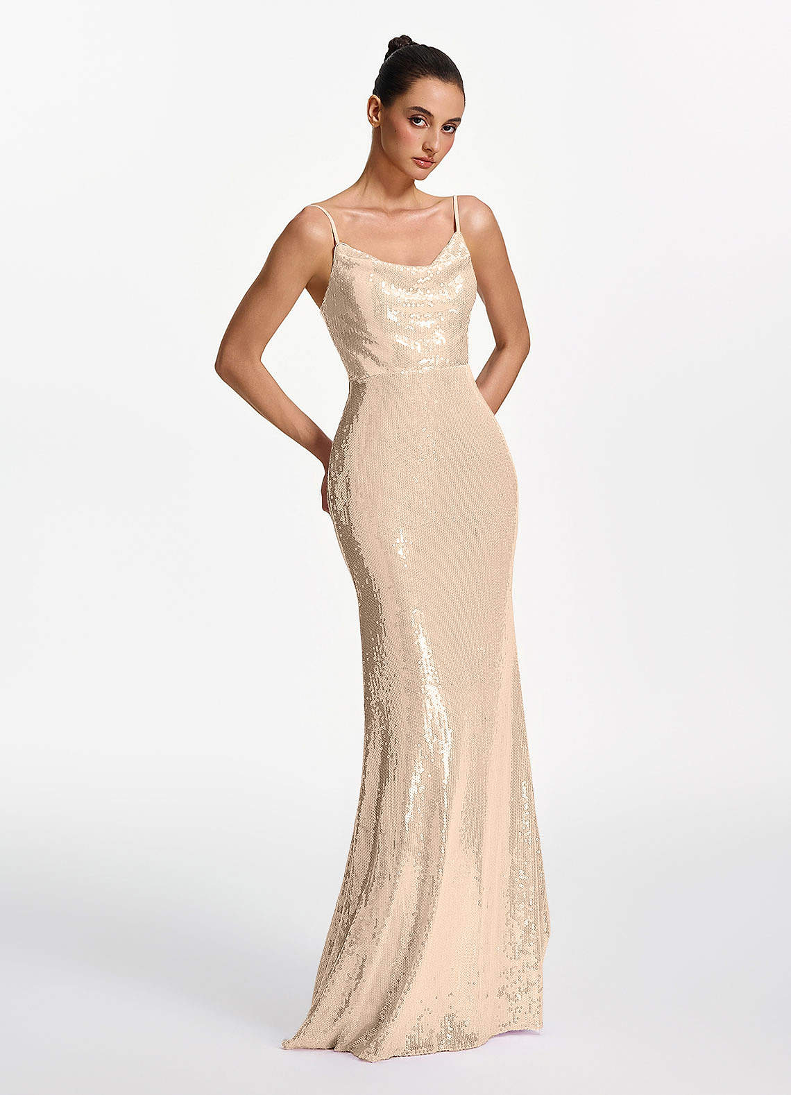 Elodie Mermaid Spaghetti-Strap Sequined Tulle Prom Dress in Champagne