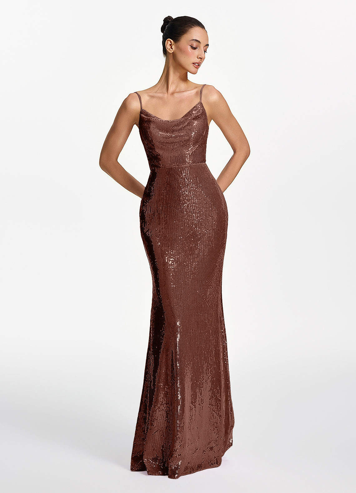 Elodie Mermaid Spaghetti-Strap Sequined Tulle Prom Dress in Coco